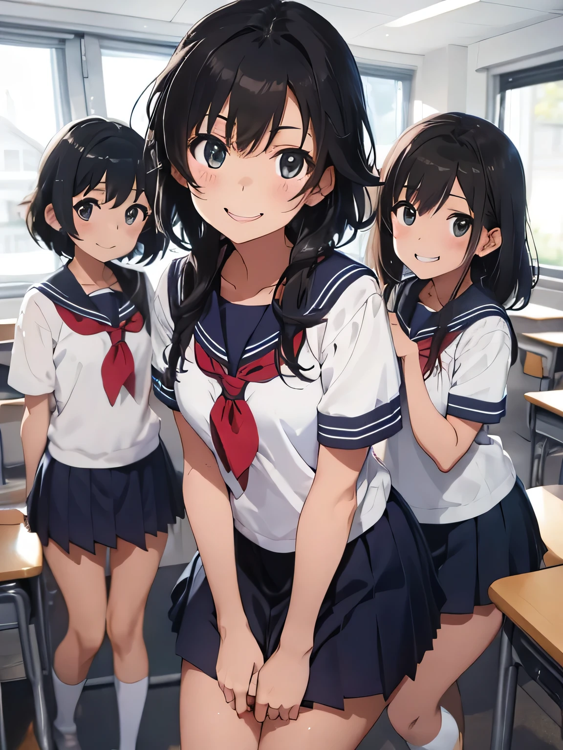 shinkai makoto, kimi no na wa.,
detailed background、beautiful and detailed face、beautiful and smooth skin、skin texture、Beautiful age girl、((Three Beautiful Girls))、black hair short、cute hairstyle、Changing clothes in a school classroom、smile、laughter、sexual expression、smile、Cute colored sailor suit、white sailor collar、Plaid pleated mini skirt、bright colored knee high socks、panty shot
