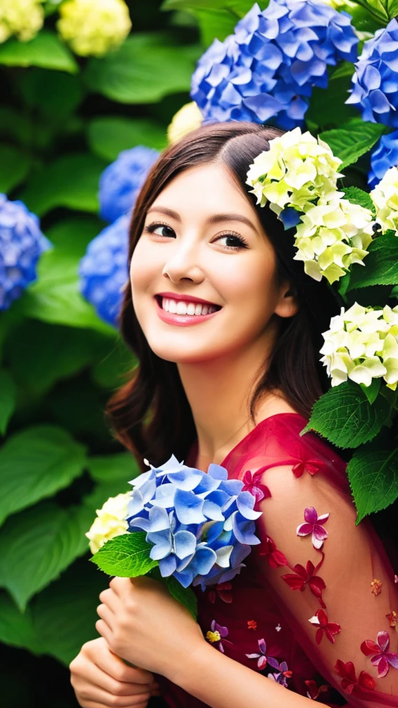 Hydrangea flowers, red, blue, yellow, blooming in a variety of colors, beautiful woman smiling by her side, bright sunlight, outdoors, best image.