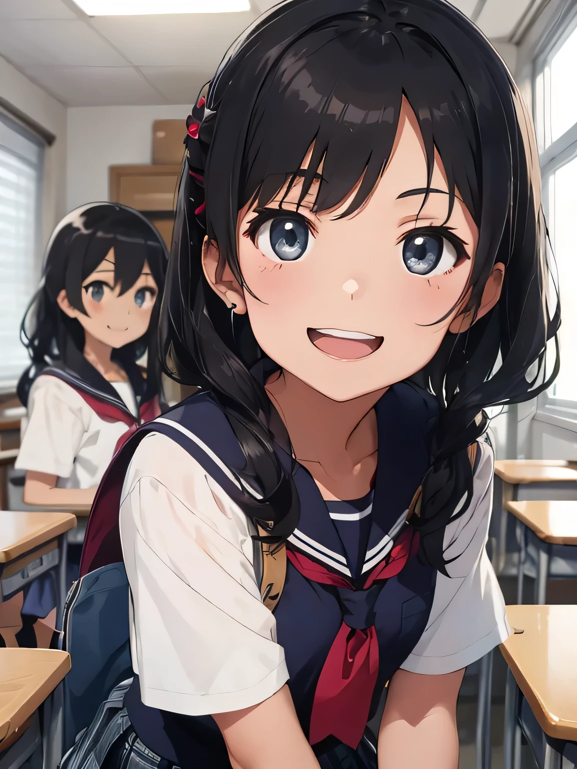 shinkai makoto, kimi no na wa.,
detailed background、beautiful and detailed face、beautiful and smooth skin、skin texture、Beautiful teenage girl、((Three Beautiful Girls))、black hair short、cute hairstyle、Changing clothes in a school classroom、smile、laughter、sexual expression、smile、Cute colored sailor suit、white sailor collar、Plaid pleated mini skirt、bright colored knee high socks、panty shot