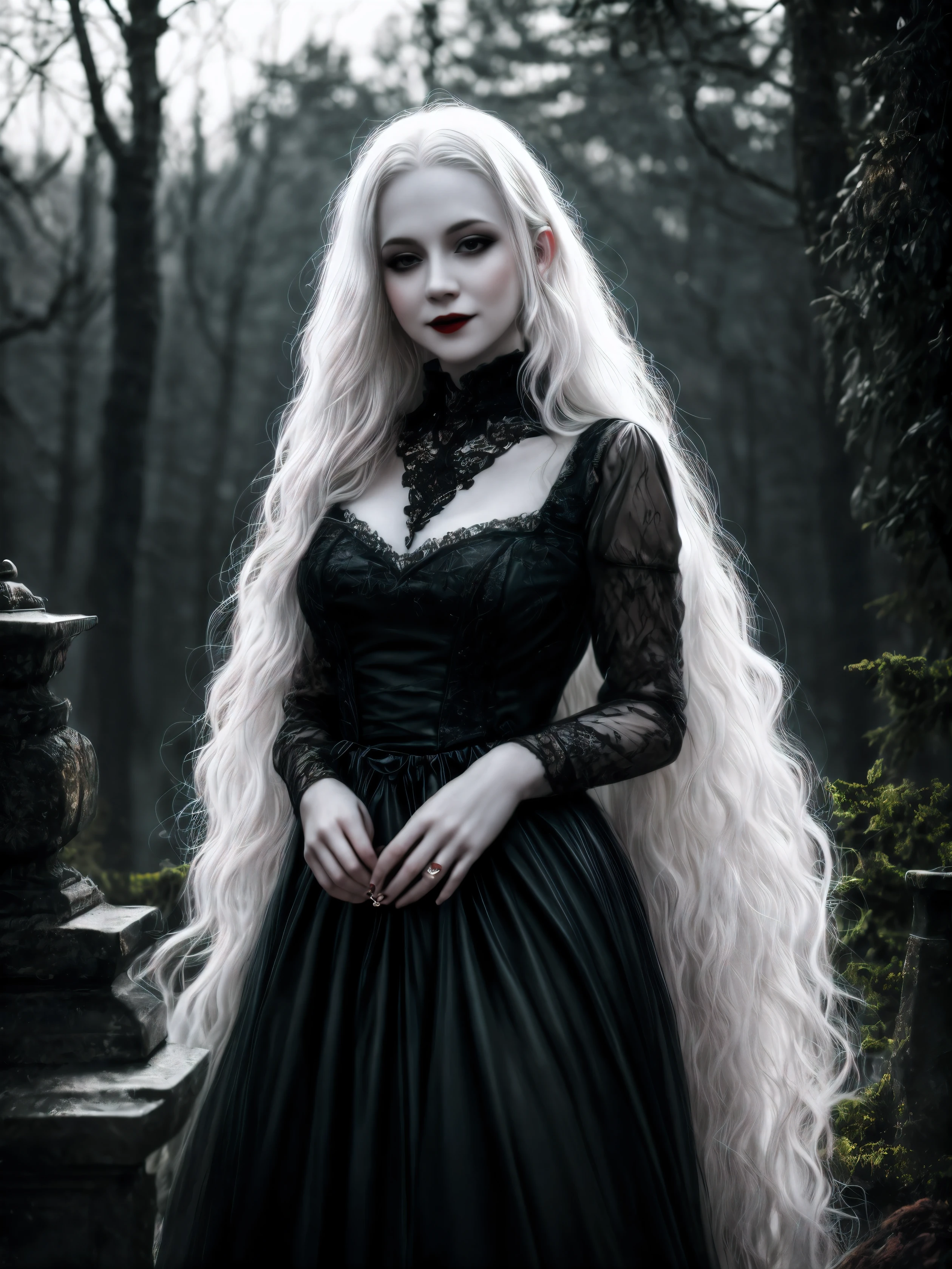 female vampire|albino, pale porcelain skin, vintage black dress, smile, shallow depth of field, grin|creepy, nightfall, detailed face, night, wide hips, narrow waist, portrait of woman standing, detailed eyes, portrait of woman standing, 8k RAW photo, highest quality, looking at the viewer, best shadow, intricate details, long hair, bright eyes, forest, grave, gothic, goth detailed, highres, high qualilty, high saturation
