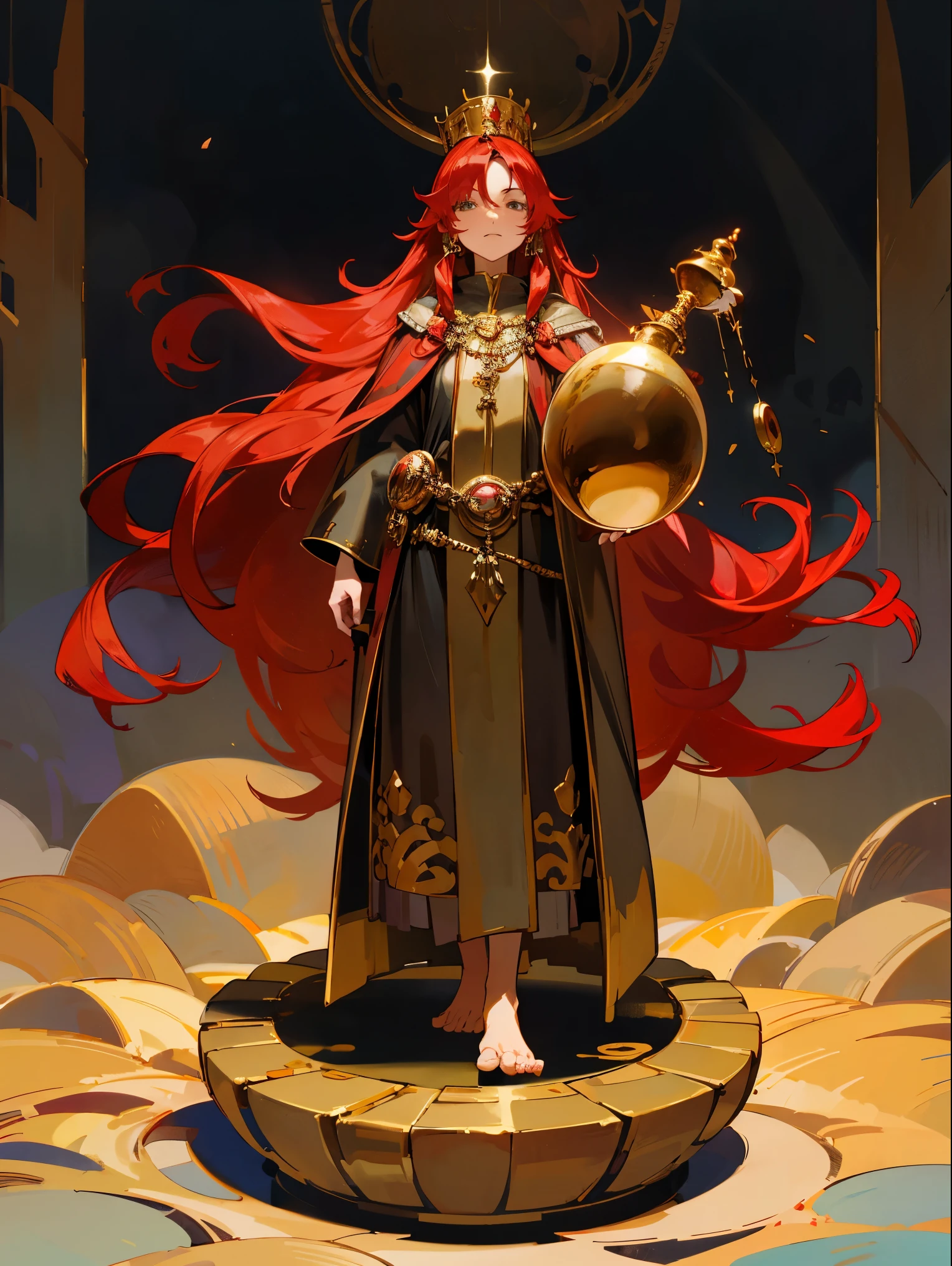 a red haired witch,flowing long hair,luxurious robe,Wearing a crown,Alchemist,gold jewelry,Standing in front of a crucible to make medicine,perspective