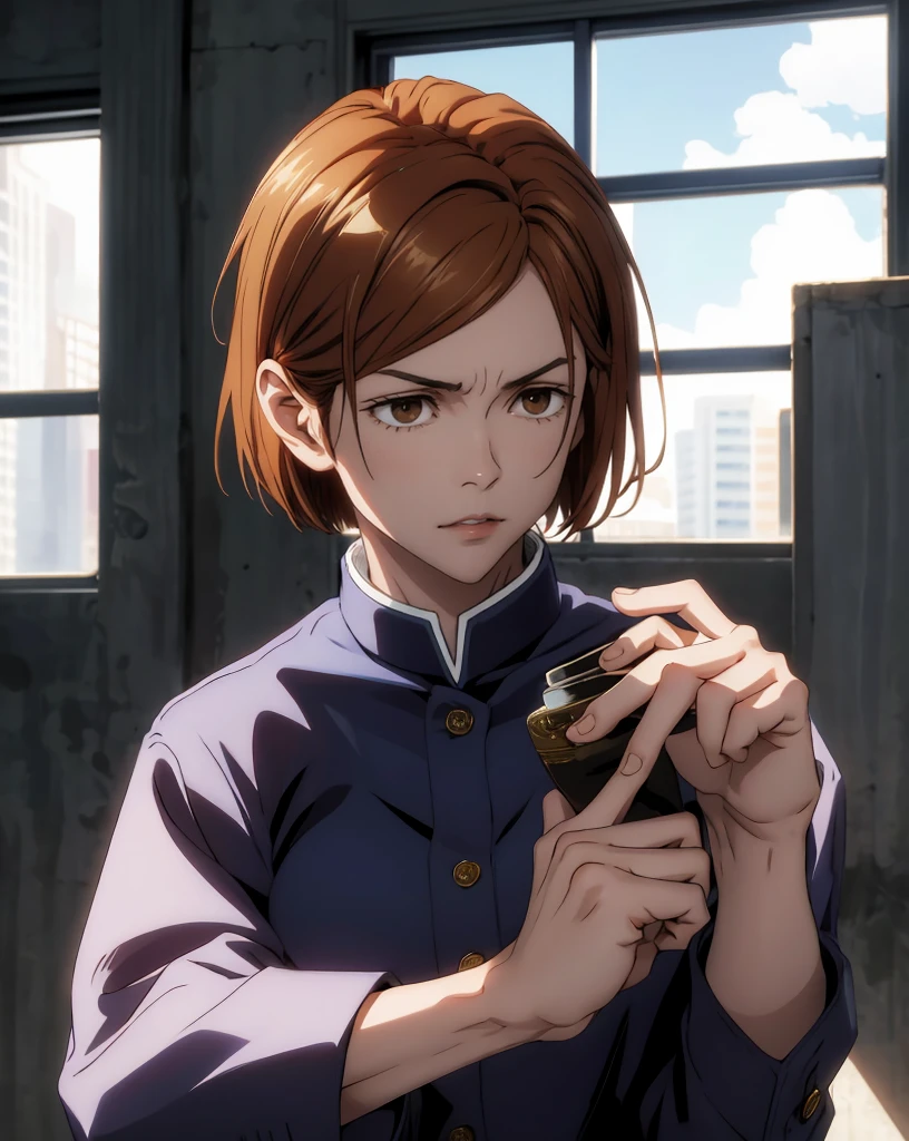 { - anatomy error} (Masterpiece, Best Quality) (masterpiece:1.4),(best quality:1.4) 1girl,nobara_jjk,brown hair, short hair, brown eyes, fully jujutsu school uniform, sitting, full body