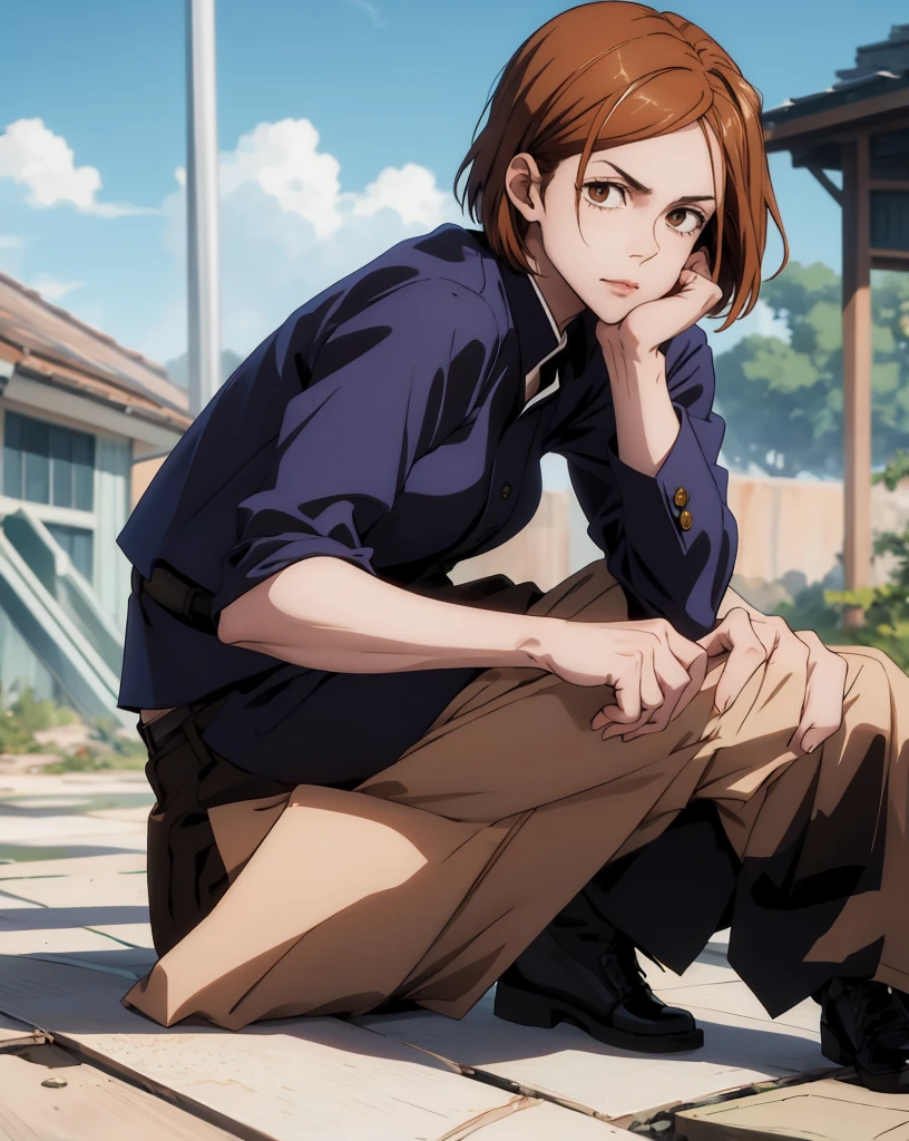 { -  error} (Masterpiece, Best Quality) (masterpiece:1.4),(best quality:1.4) 1girl,nobara_jjk,brown hair, short hair, brown eyes, fully jujutsu school uniform,  sitting, full body