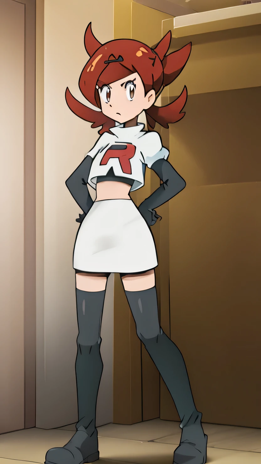 masterpiece, best quality, highres,team rocket uniform, red letter r, white skirt, white crop top, black thigh-high boots, black elbow gloves, glaring angrily, looking at viewer, hands on hips, full body seen, zettai ryouiki
