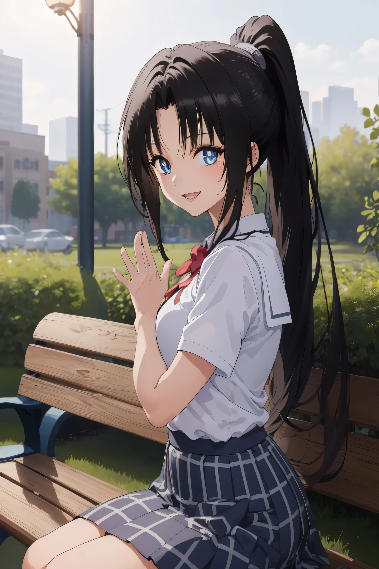 highres, 1girl, solo, long hair, black hair, ponytail, parted bangs, brown eyes,
BREAK (Dark blue school uniform:1.2), 
BREAK sitting, outdoors, bench, smile, open mouth, waving, looking at viewer,
BREAK indoors,
BREAK (masterpiece:1.2), best quality, high resolution, unity 8k wallpaper ,(illustration:0.8), (beautiful detailed eyes:1.6), extremely detailed face, perfect lighting, extremely detailed CG, (perfect hands, perfect anatomy),