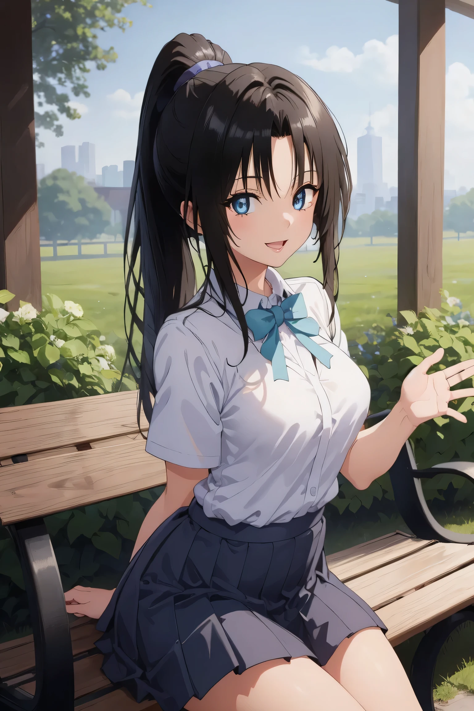 highres, 1girl, solo, long hair, black hair, ponytail, parted bangs, brown eyes,
BREAK (Dark blue school uniform:1.2), 
BREAK sitting, outdoors, bench, smile, open mouth, waving, looking at viewer,
BREAK indoors,
BREAK (masterpiece:1.2), best quality, high resolution, unity 8k wallpaper ,(illustration:0.8), (beautiful detailed eyes:1.6), extremely detailed face, perfect lighting, extremely detailed CG, (perfect hands, perfect anatomy),