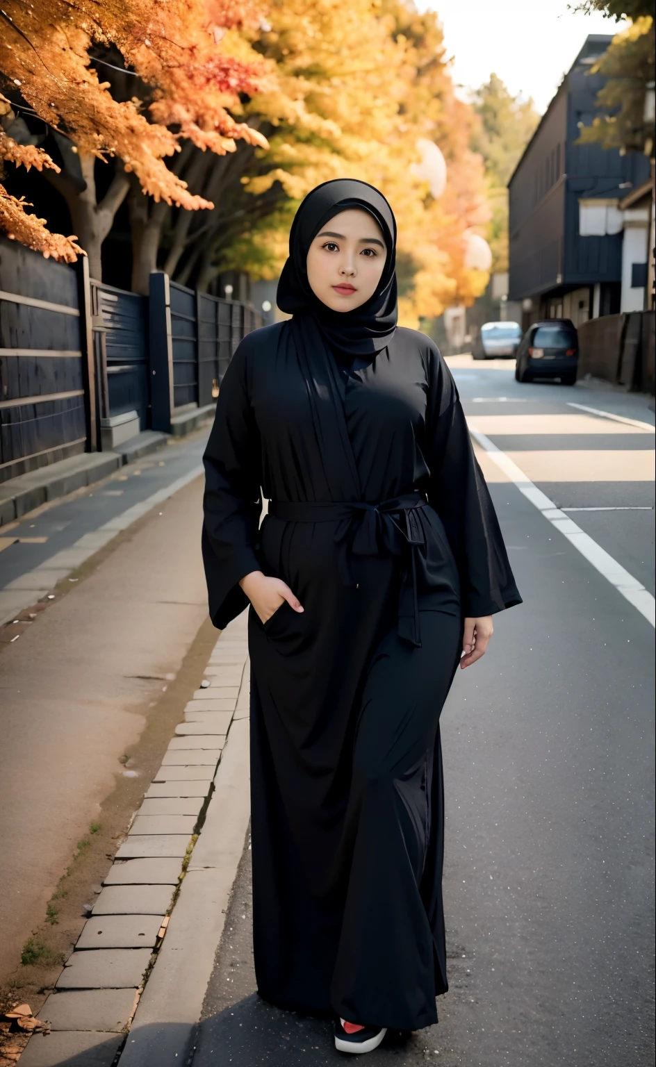 arafed woman in a black dress Stand on a sidewalk, hijab fashion model, hijabi outfit, thicc, hijab, korean woman, wearing black robe, asian woman, bbwchan, photograph of a techwear woman, hijab, wearing a black robe, woman in black robes, random pose, wearing dark robe, asian women, korean girl, red sneakers, chubby cheeks. Full body, , 70 years old woman, thick body, beautiful thick female, wide hips, thick legs, she has a jiggly fat round belly, thick thighs, curvy hourglass figure, thicc, curvy model, widest hips, hyperrealistic full figure, bbwchan, voluptuous body, thick, , hena on arm, hena in belly, , muslim clothes, 70 years oldwoman. , chubby cheeks, Body height 170 cm. 70 years old woman, tall woman