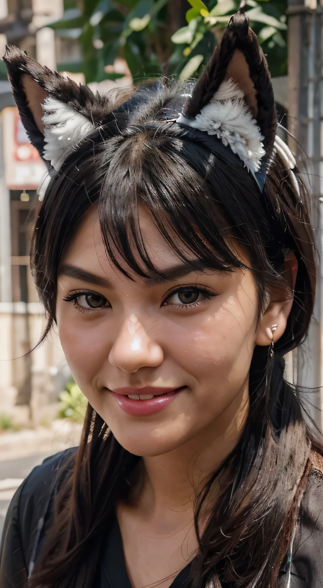 black hair, hair bobbles, wince, longeyelashes, solid circle eyes, fake animal ears, light smile, ear blush, fang, Surrealism, drop shadow, anaglyph, stereogram, tachi-e, pov, atmospheric perspective, 8k, super detail, ccurate, best quality