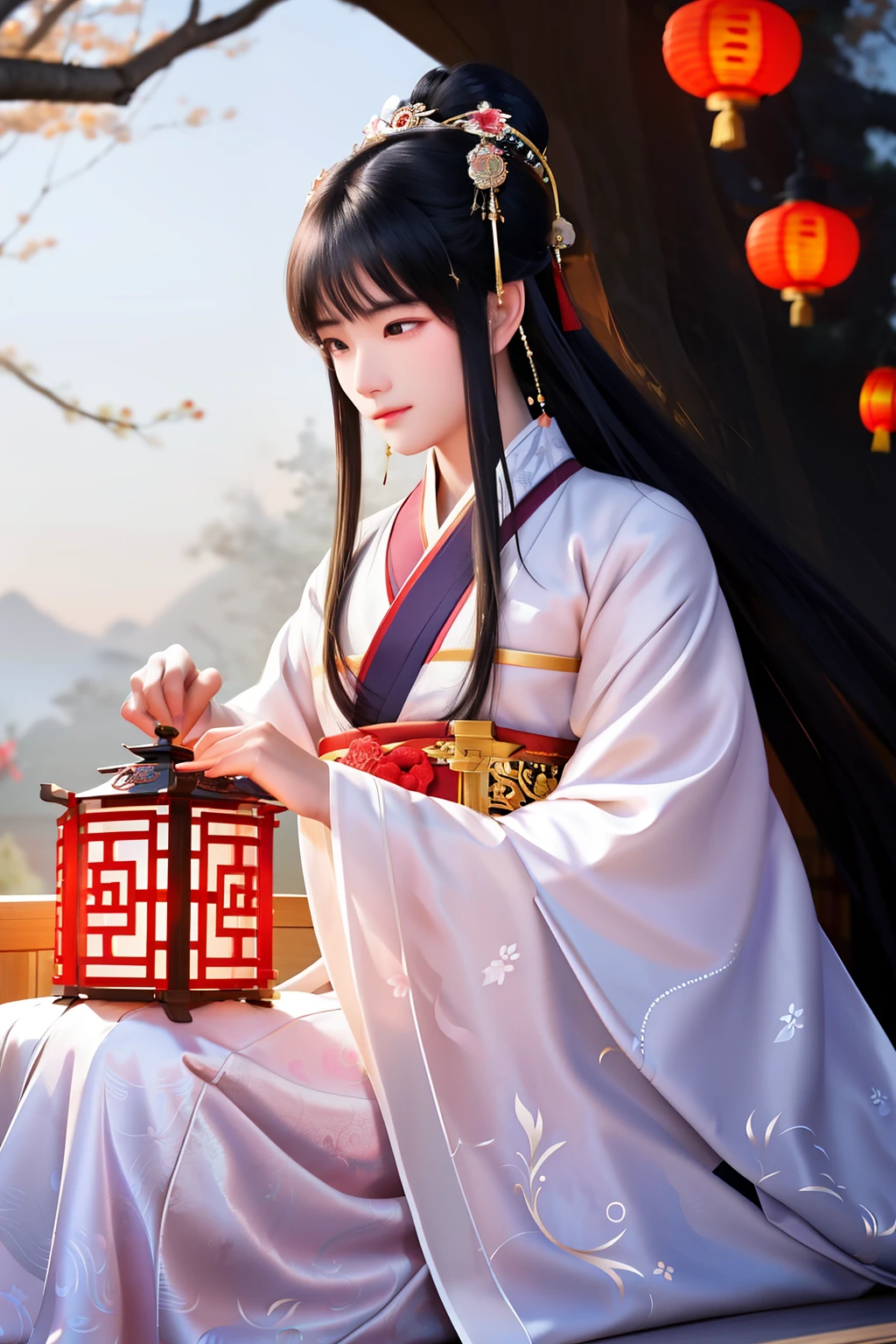 A man wearing robust warring states robes, with a serious and determined expression, plays a musical instrument in a simple Chinese ancient style illustration. The lady by his side, elegantly clad in Hanfu, gazes at him with quiet admiration. Red lanterns light up the scene, suspending above them like glowing jewels against the backdrop of a tranquil tree and a white background. A calm and peaceful atmosphere frames this exquisite masterpiece.