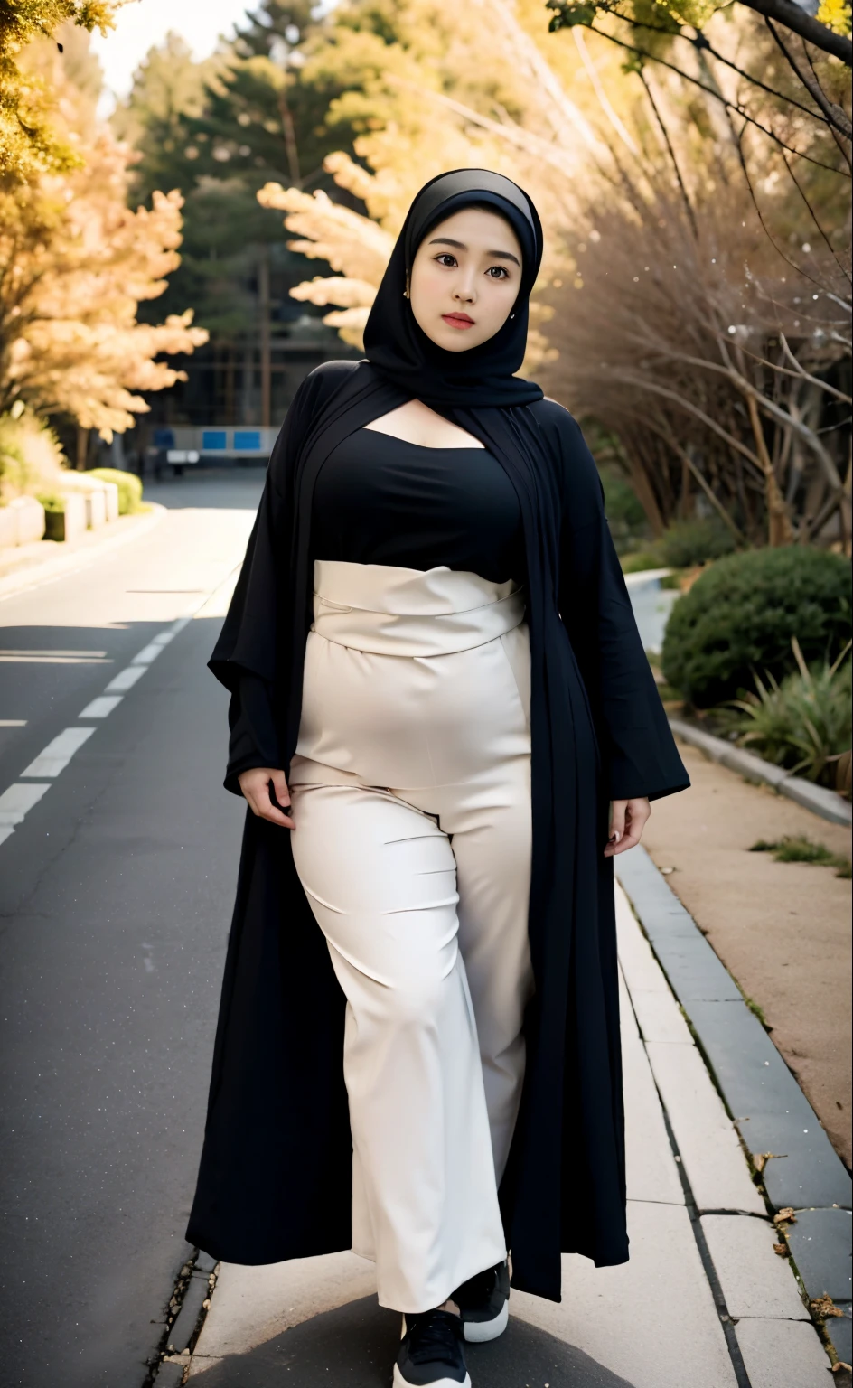 arafed woman in a black dress Stand on a sidewalk, hijab fashion model, hijabi outfit, thicc, hijab, korean woman, wearing black robe, asian woman, bbwchan, photograph of a techwear woman, hijab, wearing a black robe, woman in black robes, random pose, wearing dark robe, asian women, korean girl, red sneakers, chubby cheeks. Full body, , 70 years old woman, thick body, beautiful thick female, wide hips, thick legs, she has a jiggly fat round belly, thick thighs, curvy hourglass figure, thicc, curvy model, widest hips, hyperrealistic full figure, bbwchan, voluptuous body, thick, , hena on arm, hena in belly, , muslim clothes, 70 years oldwoman. , chubby cheeks, Body height 170 cm. 70 years old woman, tall woman 