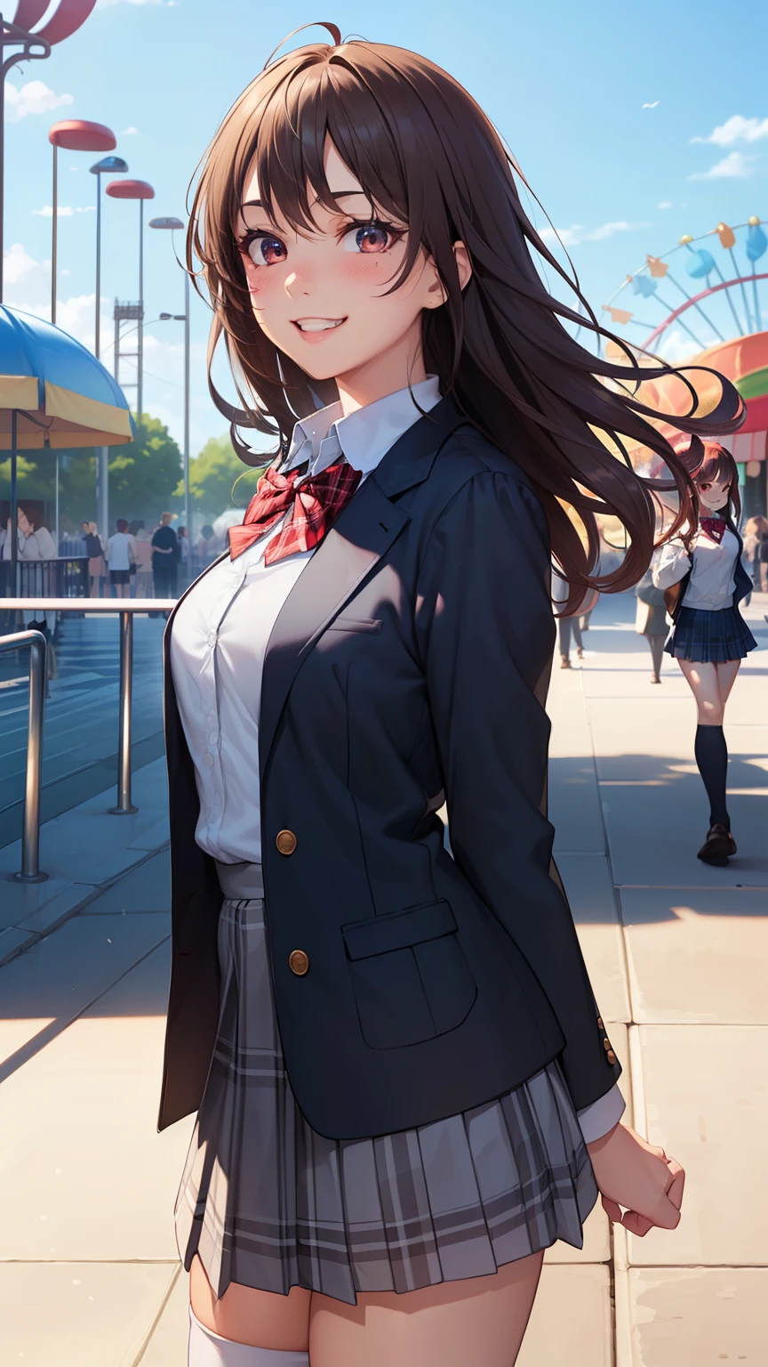 ((masterpiece, highest quality, High resolution, UHD, perfect pixel, Depth of bounds written, 4K, rtx, HDR))), 1 girl, single, alone, beautiful anime girl, beautiful art style, anime character, ((long hair, bangs, brown hair, curly hair:0.8)), ((red eyes:1.4, round eyes, beautiful eyelashes, realistic eyes)), ((detailed face, blush:1.2)), ((smooth texture:0.75, realistic texture:0.65, realistic:1.1, Anime CG style)), medium breasts, dynamic angle, perfect body, ((portrait, throw)), ((red bow tie, school uniform, Navy blue short jacket , bolero , open jacket, white shirt, black skirt, plaid mile, amusement park,grin and laugh , white knee high socks