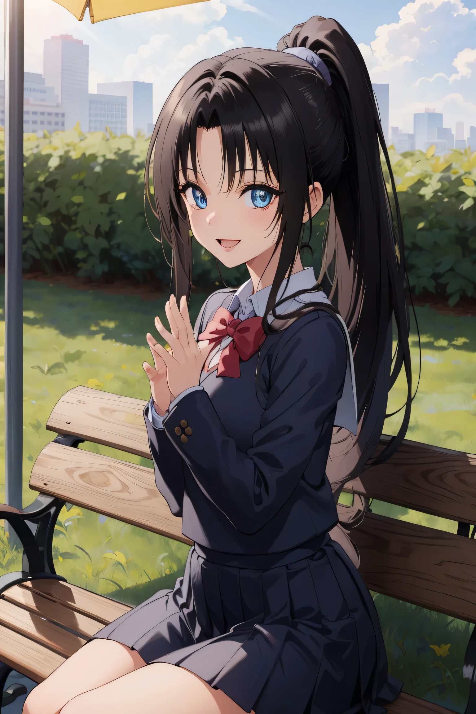 highres, 1girl, solo, long hair, black hair, ponytail, parted bangs, brown eyes,
BREAK (Dark blue school uniform:1.2), 
BREAK sitting, outdoors, bench, smile, open mouth, waving, looking at viewer,
BREAK indoors,
BREAK (masterpiece:1.2), best quality, high resolution, unity 8k wallpaper ,(illustration:0.8), (beautiful detailed eyes:1.6), extremely detailed face, perfect lighting, extremely detailed CG, (perfect hands, perfect anatomy),