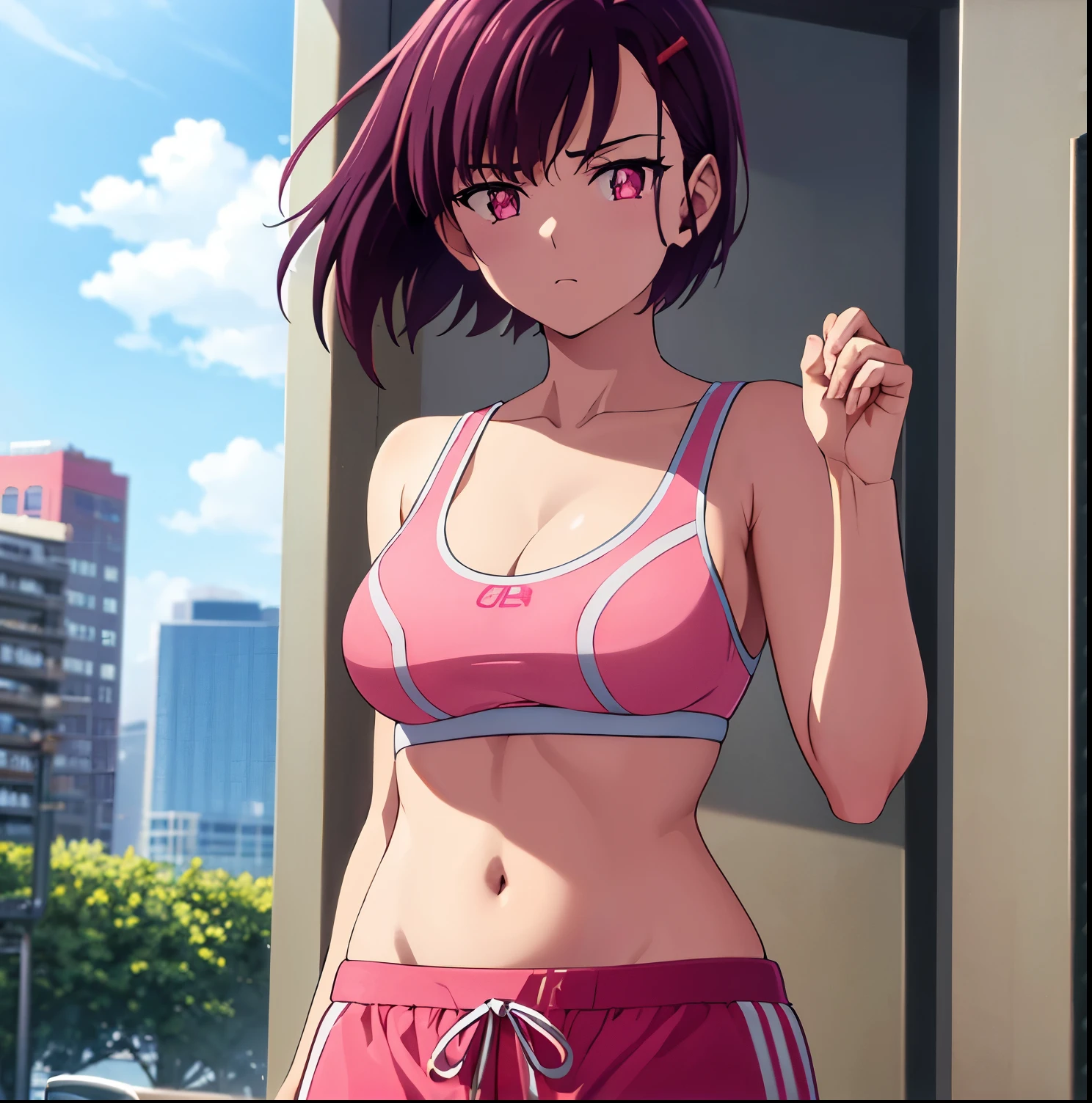 1girl, alone,shizuka mikazuki, short hair, purple hair, hair ornament, hairclip, (pink eyes:1.5), swept bangs,
BREAK navel, sports bra, sportswear, shorts, pink shorts, outdoors, city, sky, sun, clouds, buildings, looking at viewer, (masterpiece:1.2), best quality, high resolution, unity 8k wallpaper, (illustration:0.8), (beautiful detailed eyes:1.6), extremely detailed face, perfect lighting, extremely detailed CG, (perfect hands, perfect anatomy),medium breasts, medium waist, wide hips, medium thighs, cleavage