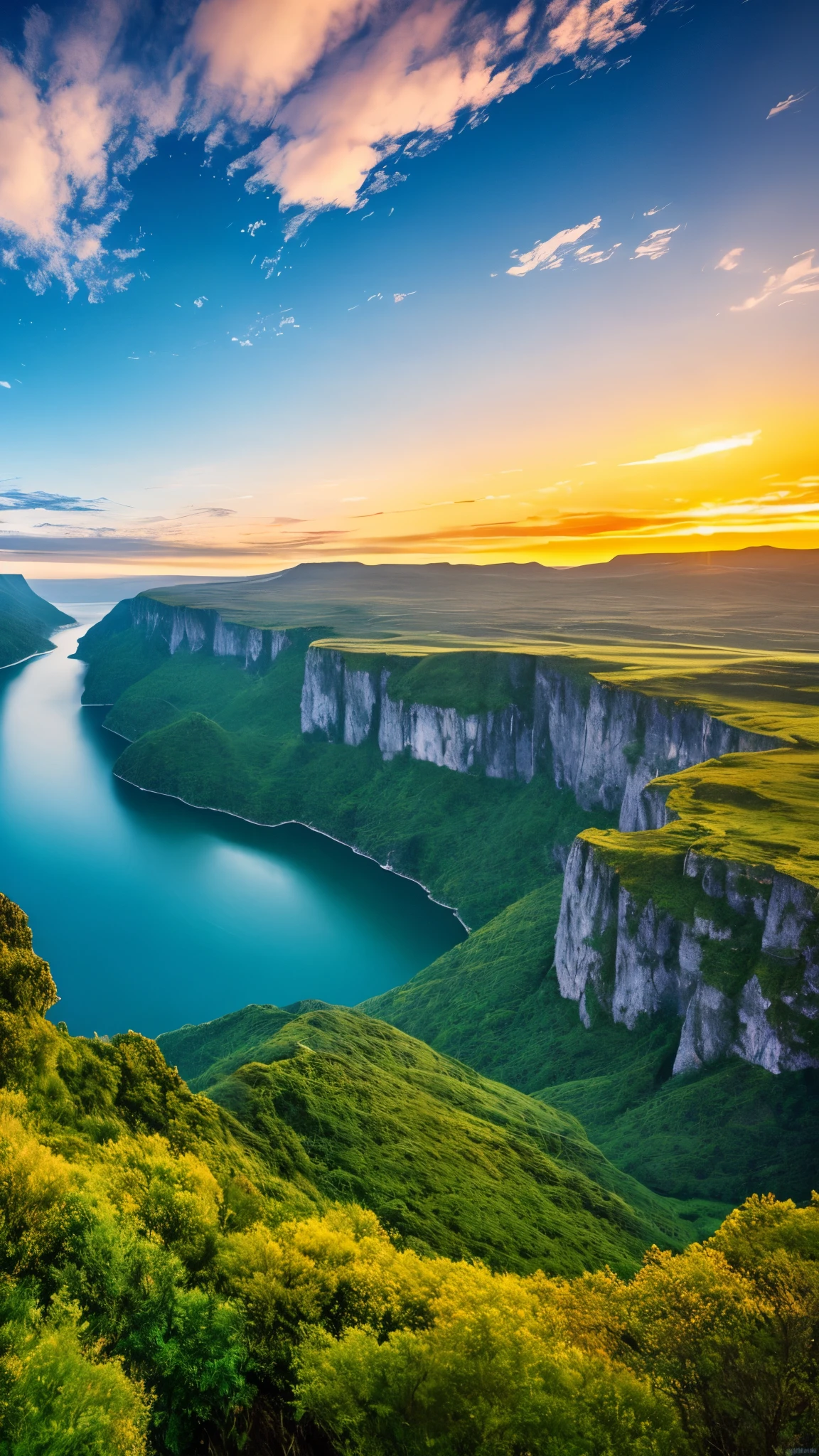 Masterpiece, ultimate quality, Cg unity 8k wallpaper, super delicate, beautiful sky and clouds, rich natural scenery, cliffs, lakes and rivers, waterfalls and flying water, beautiful green mountains, no trace of people, excellent scenery, has already won a photo contest, background Blurring, full depth of field, HDR high dynamics, true restoration, intricate, extreme details, dramatic presentation, perfectly presenting the style of midjourney art.