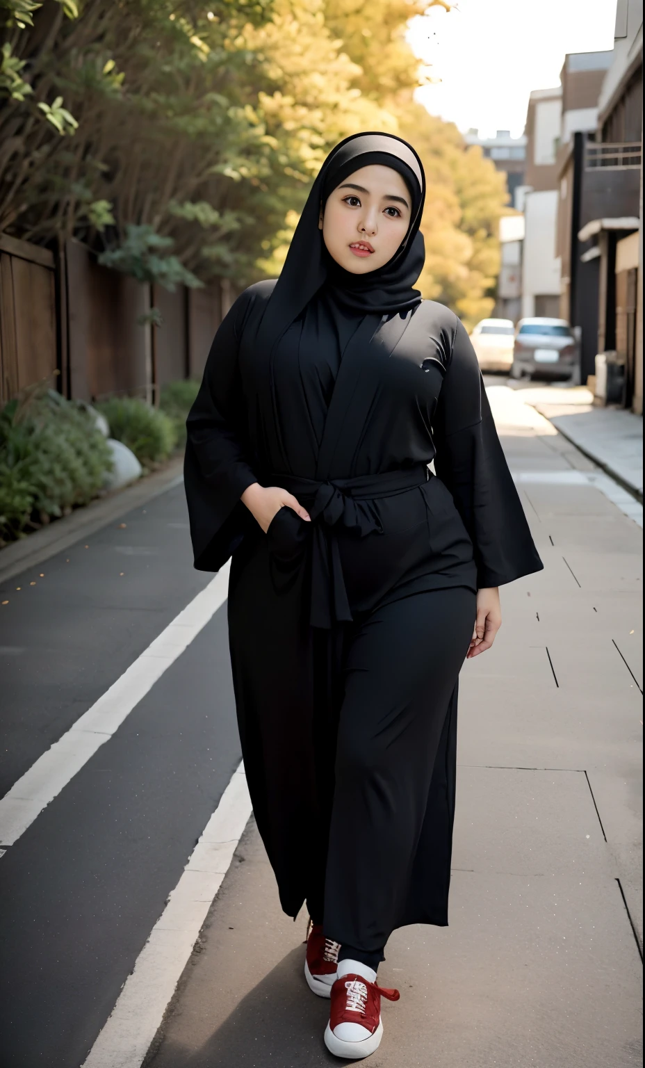 arafed woman in a black dress outfit Stand on a sidewalk, hijab fashion model, hijabi outfit, thicc, hijab, korean woman, wearing black robe, asian woman, bbwchan, photograph of a techwear woman, hijab, wearing a black robe, woman in black robes, random pose, wearing dark robe, asian women, korean girl, red sneakers, chubby cheeks. Full body, , 35 years old, thick body, beautiful thick female, wide hips, thick legs, she has a jiggly fat round belly, thick thighs, curvy hourglass figure, thicc, curvy model, widest hips, hyperrealistic full figure, bbwchan, voluptuous body, thick, , hena on arm, hena in belly, , muslim clothes, 37 years woman. , chubby cheeks, Body height 170 cm.