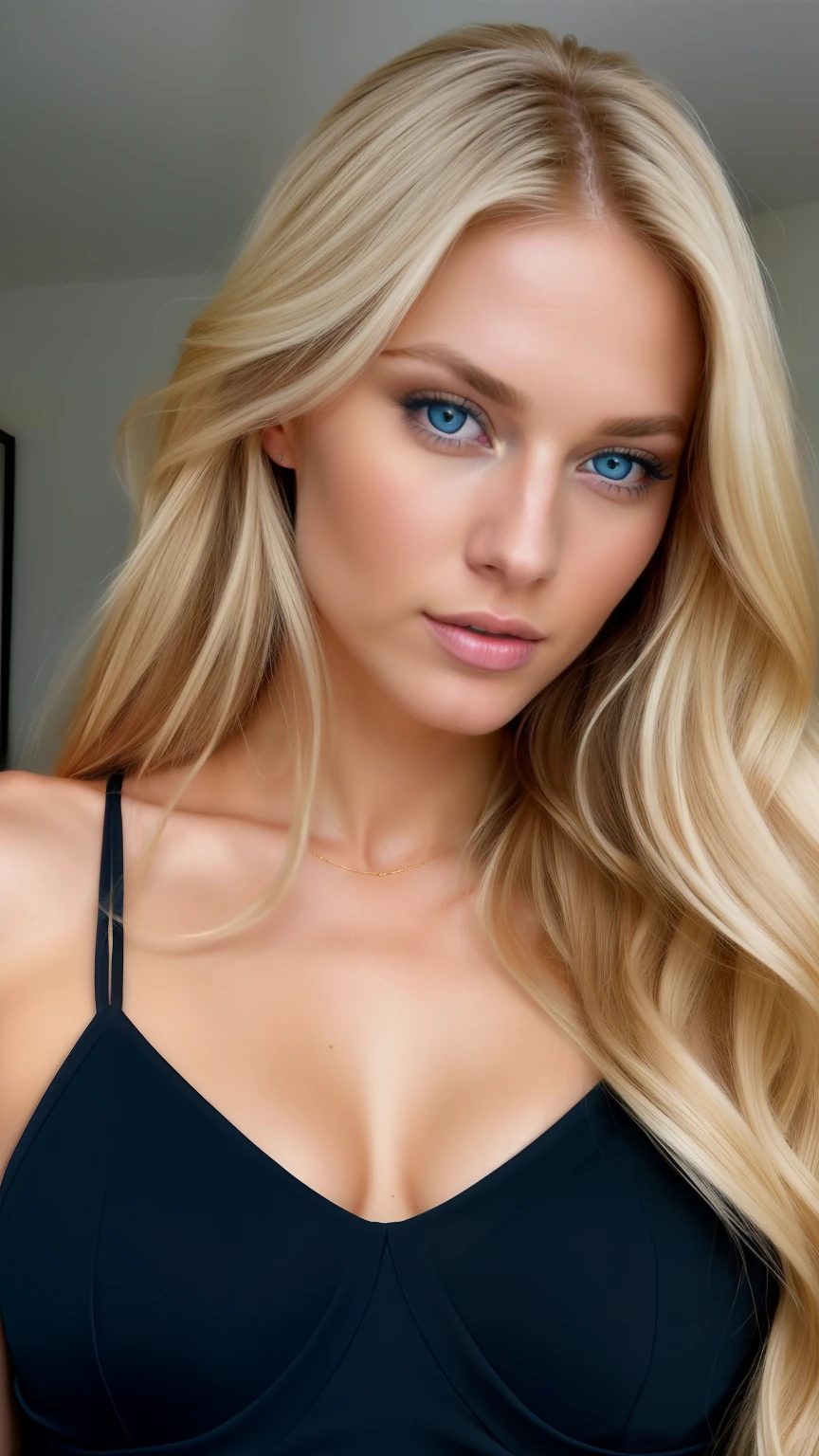 Realistic Stunningly beautiful 25 year old Swedish super model with long blond hair, beautiful blue eyes and a perfect body from head to toe, she is amazingly beautiful, she radiates pure beauty, her blue eyes are hypnotic Photorealistic, superior detail, beautiful curves, beautiful blonde hair, elegant style, black tight dress, hyper realistic