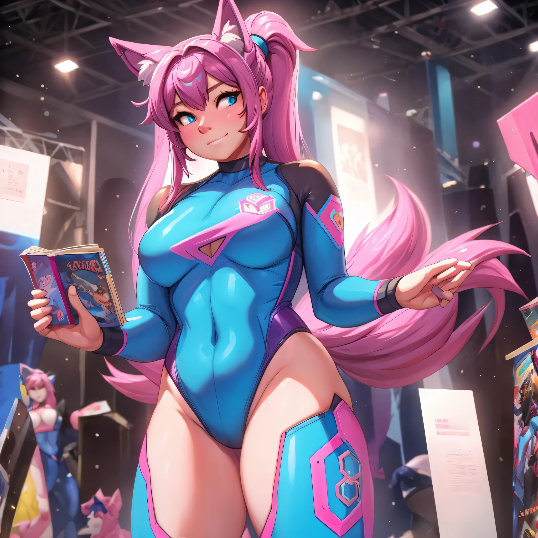 (Masterpiece) (High Detail) (High Res) A close up of a short cute humanoid girl with pale skin and turquoise eyes and long pink hair in a ponytail and pink dog ears and a big fluffy pink dog tail and average breasts and she is stood alone at a comic book convention dressed as DVa from Overwatch. D.Va. Hana Song. Full body spandex blue suit with pink accents. Pink Pistol.