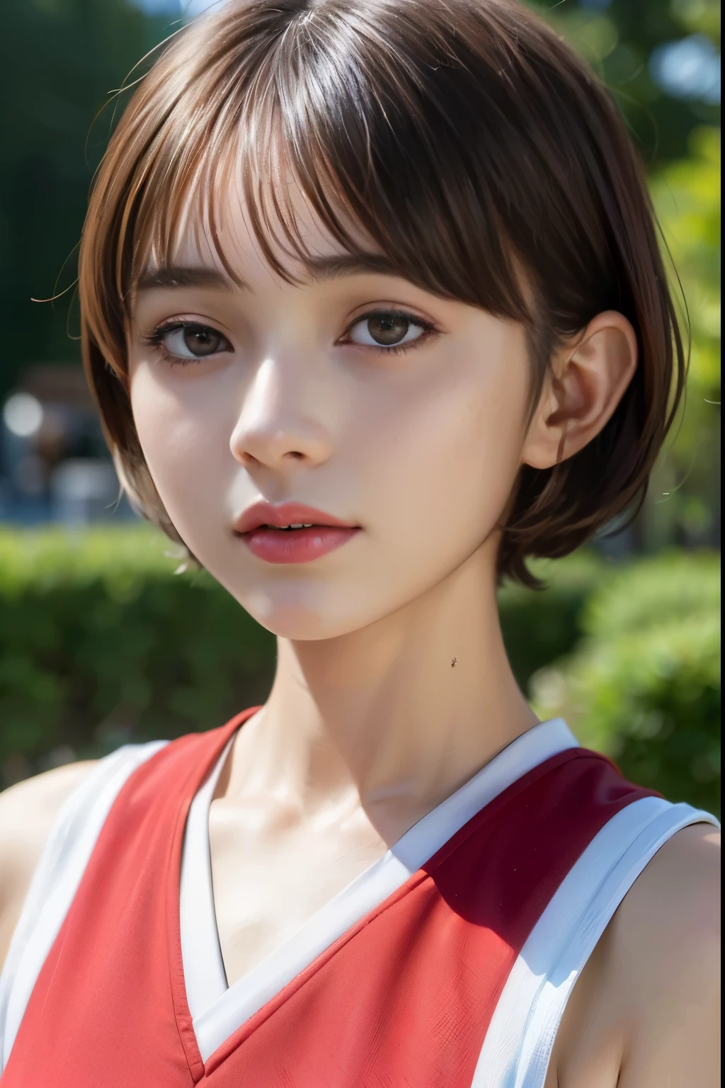 ((top-quality)),(masterpiece:1.4),Raw photography,8K,((Top image quality)), ((Top resolution)),Beautiful face in every detail,Very detailed,Gentle expression,(One lady:1.3 ),realisitic,photo realisitic,(Bery short hair:1.4),(Beautuful Women),(cute Japanese girls:1.3),(mannish),((Pretty Woman)),(Beautiful hair),((dark brown hair)),(((Red cheeks))),((Her eyes are big)),20-year-old beauty,(her face is small:1.7),small head,((long neck)),pale skin,Spot-free skin,With bangs,Everyone longs for,Japanese Beautuful Women,(eight heads tall),((basketball red uniform, sleeveless)),