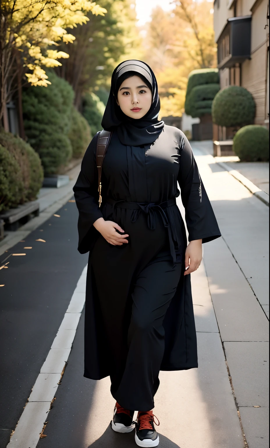 arafed woman in a black dress outfit Stand on a sidewalk, hijab fashion model, hijabi outfit, thicc, hijab, korean woman, wearing black robe, asian woman, bbwchan, photograph of a techwear woman, hijab, wearing a black robe, woman in black robes, random pose, wearing dark robe, asian women, korean girl, red sneakers, chubby cheeks. Full body, , 35 years old, thick body, beautiful thick female, wide hips, thick legs, she has a jiggly fat round belly, thick thighs, curvy hourglass figure, thicc, curvy model, widest hips, hyperrealistic full figure, bbwchan, voluptuous body, thick, , hena on arm, hena in belly, , muslim clothes, 37 years woman. , chubby cheeks, Body height 170 cm.