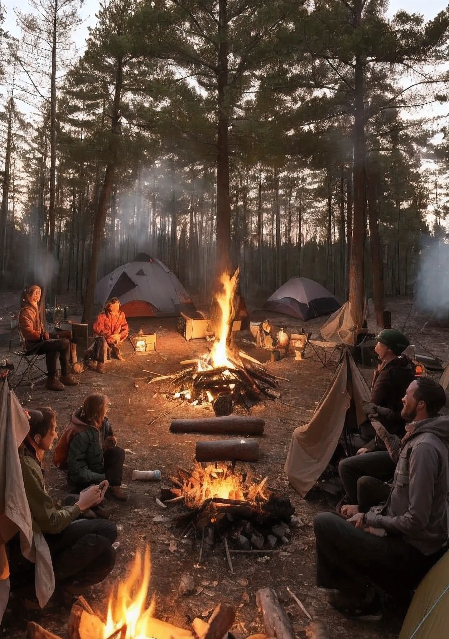 people sitting around a campfire in a forest with tents and trees, at a campfire in the forest, camp fire, People turn towards the fire circle., campfire, outdoor campfire pit, campfire in background, surrounded by fire, Bonfire and tent, camping, ❤🔥🍄🌪, night time,The darkness was very dark..,There was no light except the light from the campfire., camp, setting in nature, Comfortable environment, Talking around the campfire