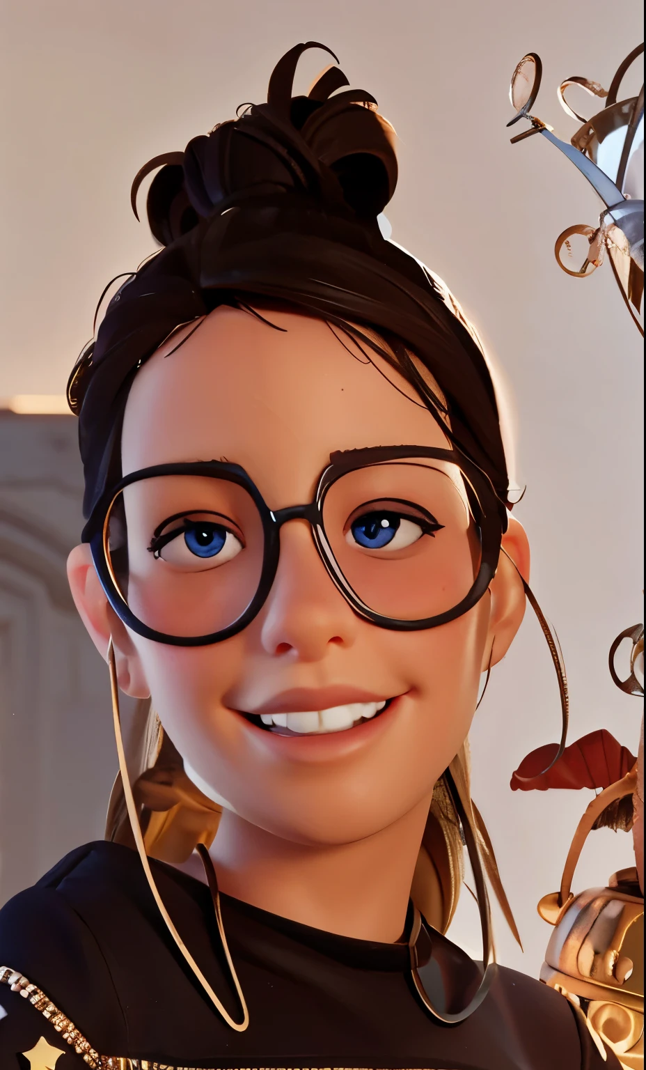 Retouche cette image en un film Pixar. Change her eyes to brown.