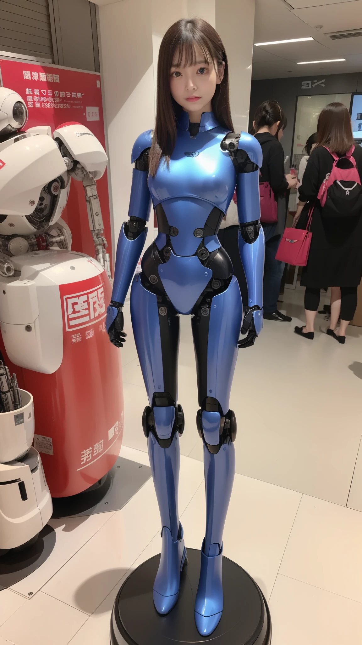 (Photorealsitic:1.4)、one robot woman、(top-quality)、(hyperdetailed face)、(Super well-formed face)、(Robot Parts)、(Female-Robot)、(25 years-old)、(Blue)、(pink there)、(Burgundy)、(metallic)、(full-body)、(sexy pose)、(Slender body)、(Model body type)、(full body mech)、(mechanical exposure)、(Akihabara)、(is looking at the camera)、(A dark-haired)、(Well-proportioned lady)、(a small face)、(a small head)、(well-groomed fingers)、(Idol)、(front facing)、(Standing with legs open)、(Photo session)、(Looks sad)、(perfect-female-robot)、(perfect-mechanical-body)