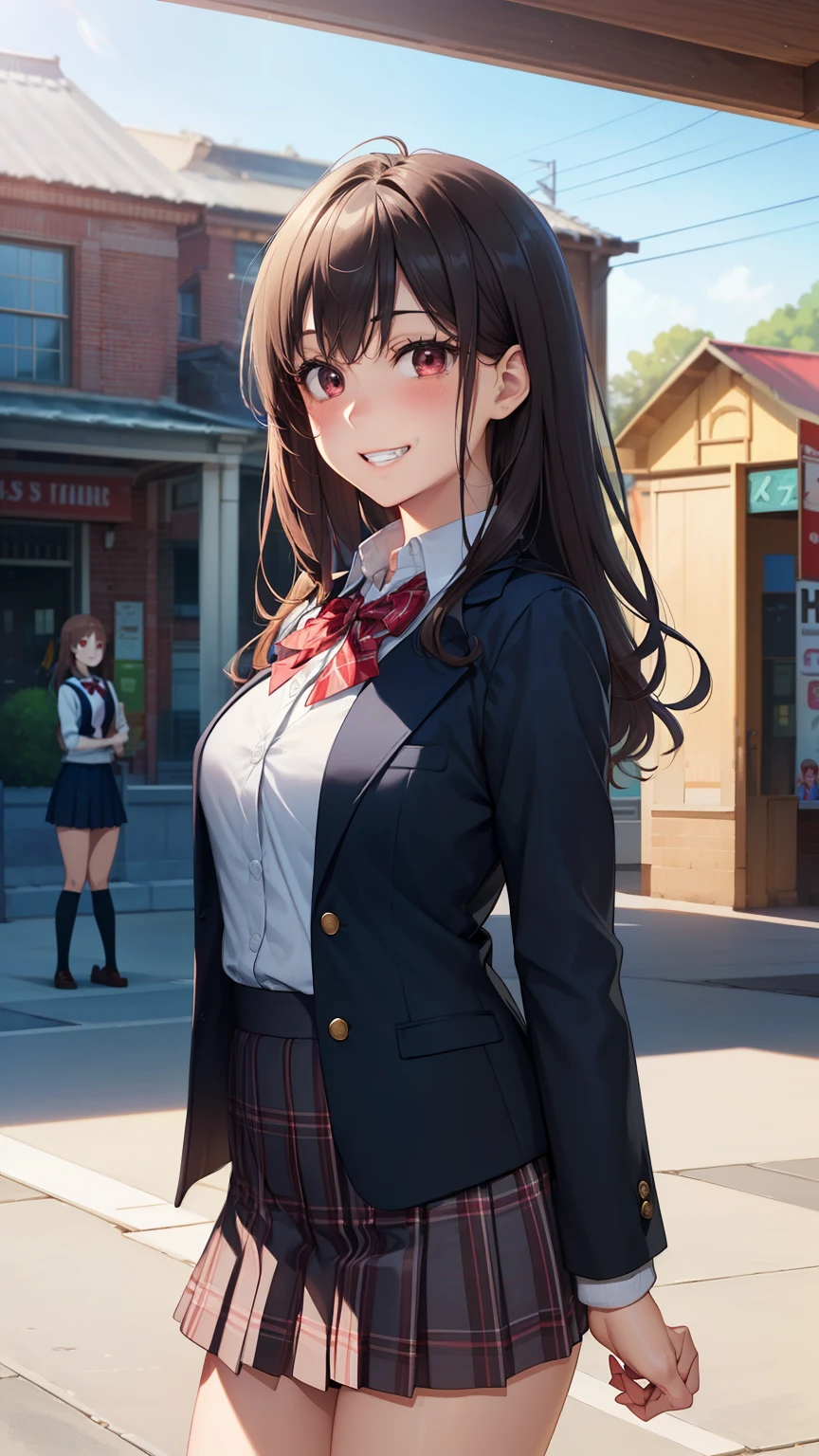 ((masterpiece, highest quality, High resolution, UHD, perfect pixel, Depth of bounds written, 4K, rtx, HDR))), two girls, double, With two people, beautiful anime girl, beautiful art style, anime character, ((long hair, bangs, brown hair, curly hair:0.8)), ((red eyes:1.4, round eyes, beautiful eyelashes, realistic eyes)), ((detailed face, blush:1.2)), ((smooth texture:0.75, realistic texture:0.65, realistic:1.1, Anime CG style)), medium breasts, dynamic angle, perfect body, ((portrait, throw)), ((red bow tie, school uniform, Navy blue short jacket , bolero , open jacket, white shirt, black skirt, plaid mile, amusement park,grin and laugh , white knee high socks