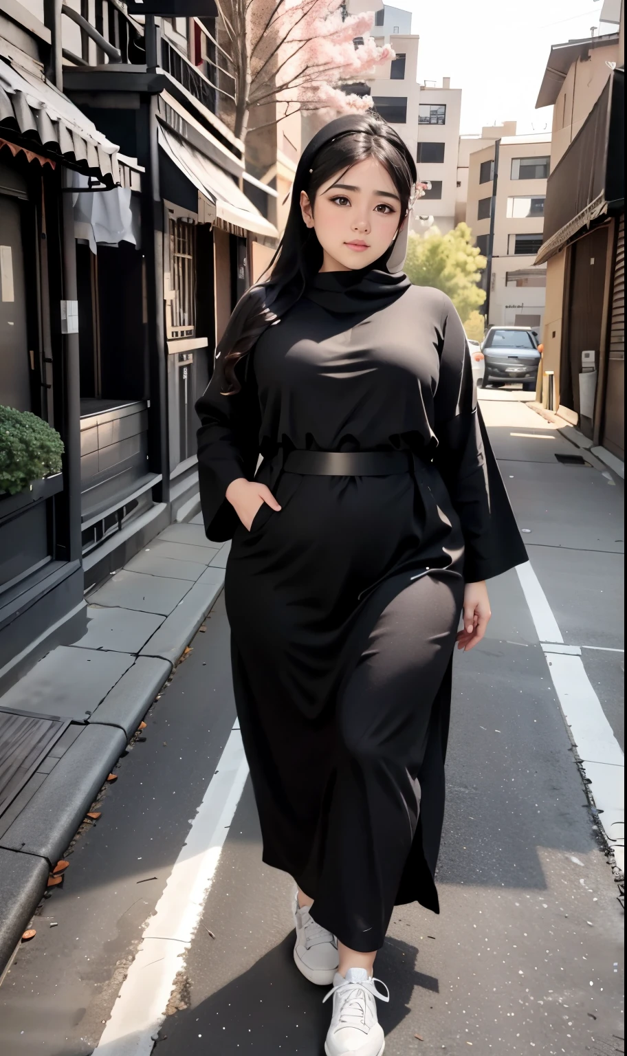arafed woman in a black dress outfit Stand on a sidewalk, hijab fashion model, hijabi outfit, thicc, hijab, korean woman, wearing black robe, asian woman, bbwchan, photograph of a techwear woman, hijab, wearing a black robe, woman in black robes, random pose, wearing dark robe, asian women, korean girl, red sneakers, chubby cheeks. Full body, , 35 years old, thick body, beautiful thick female, wide hips, thick legs, she has a jiggly fat round belly, thick thighs, curvy hourglass figure, thicc, curvy model, widest hips, hyperrealistic full figure, bbwchan, voluptuous body, thick, , hena on arm, hena in belly, , muslim clothes, 37 years woman. , chubby cheeks, Body height 170 cm.