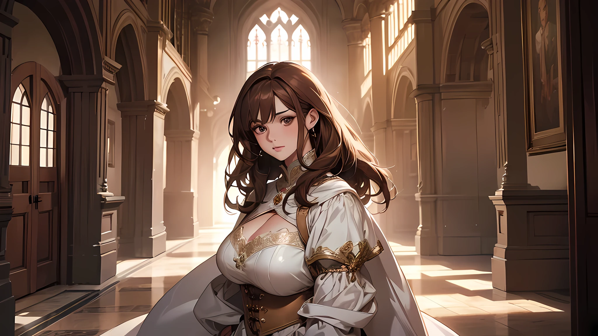 best quality, highres, realistic, real person, A woman walking in castle hallway, beautiful girl, thick brown hair, brown eyes, plump lips, face detailed, Clear facial expressions，Detailed digital anime art，digital anime art，High quality anime art style，medieval times, wearing white gown, , she had no choice but to leave the director’s room dejectedly as she couldn’t oppose doggedly anymore.