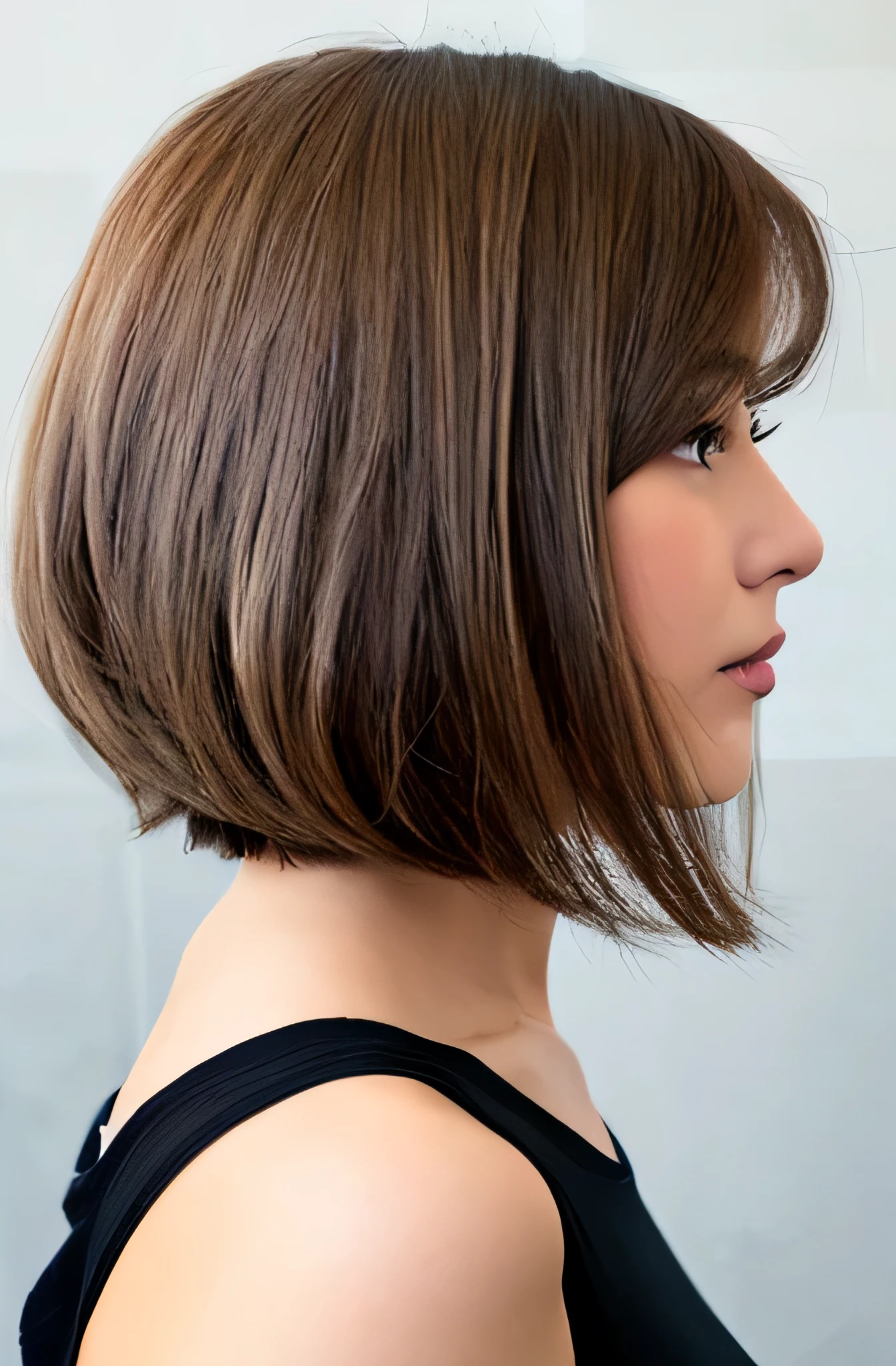 white back ground, Close up of woman wearing white sweater and short bob, Chin-length hair, chrome bob haircut, flattering hair, long bob cuts, perfect cut, bob cuts, Thin, shiny hair, side profile center, split hair, Shiny bob bob, vivid highlights, View Profile, bob cuts hair, side of the head, Side view profile center