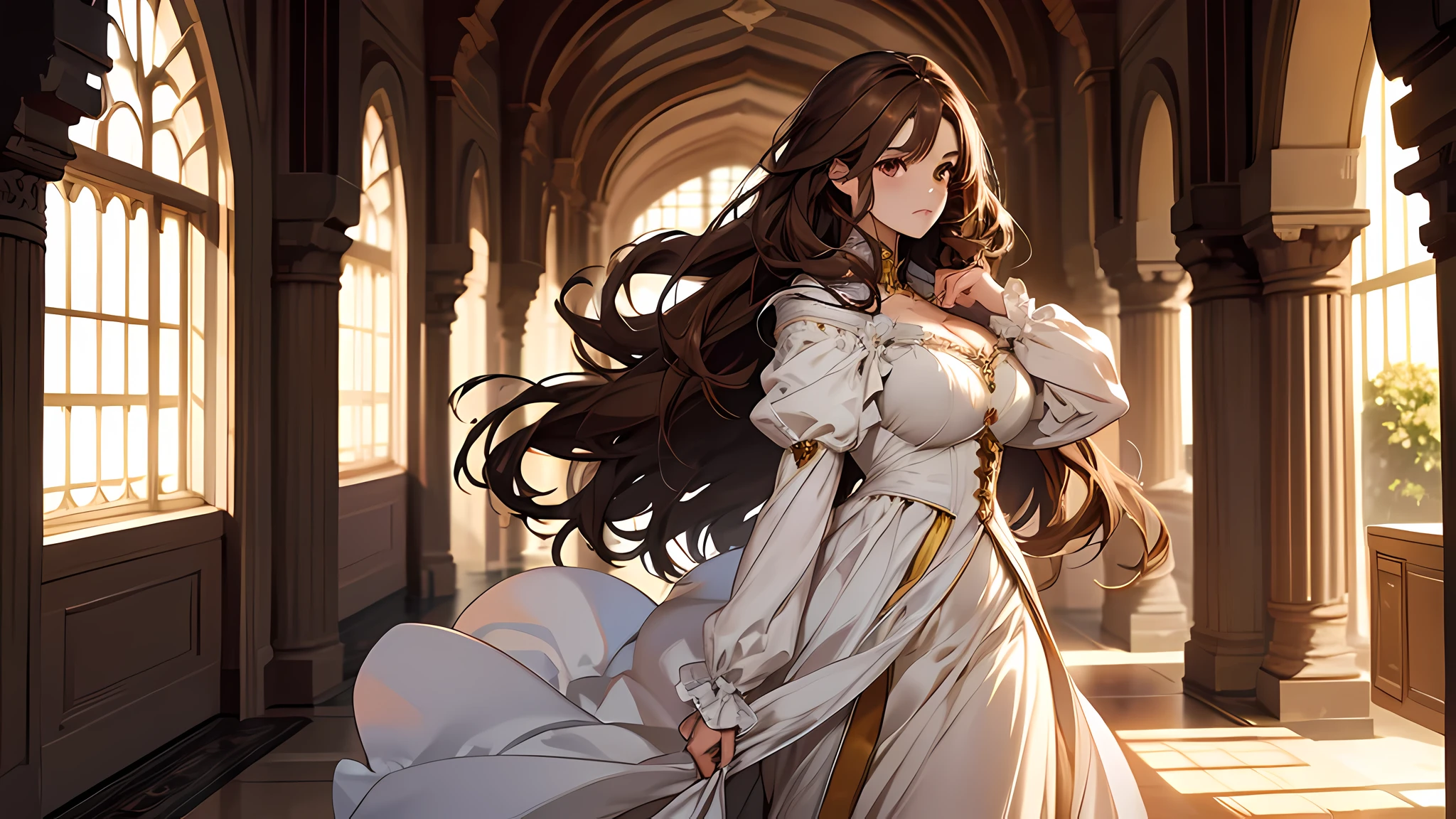 best quality, highres, realistic, real person, A woman walking in castle hallway, beautiful girl, thick brown hair, brown eyes, plump lips, face detailed, Clear facial expressions，Detailed digital anime art，digital anime art，High quality anime art style，medieval times, wearing white gown, , she had no choice but to leave the director’s room dejectedly as she couldn’t oppose doggedly anymore.