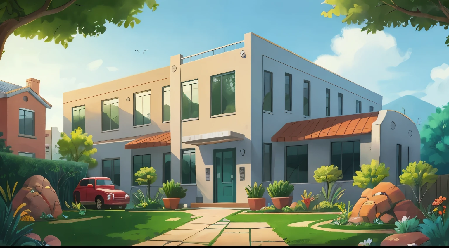 front yard, yard, school, modern school, no people, background only (masterpiece, 8k quality, award winning, super detailed)