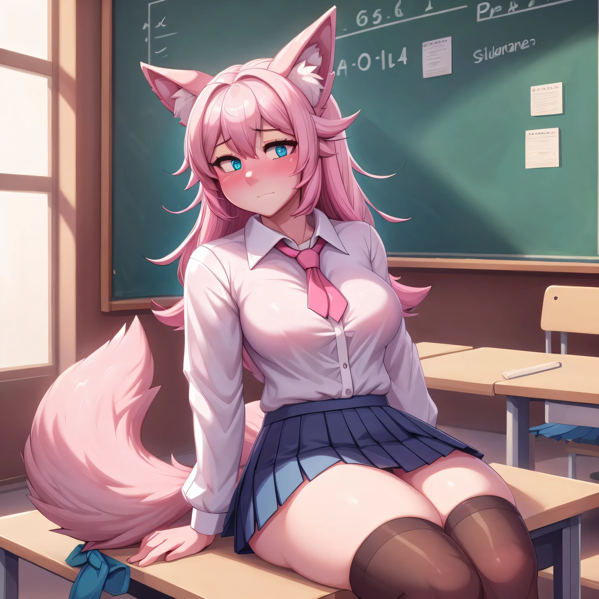 (Masterpiece) (High Detail) (High Res) A short cute humanoid girl with pale skin and turquoise eyes and long pink hair and pink dog ears and a big fluffy pink dog tail and average breasts and she is wearing a school uniform, button up white blouse, pleated skirt and thigh high white socks. She looks shy. She is sat alone in a classroom.