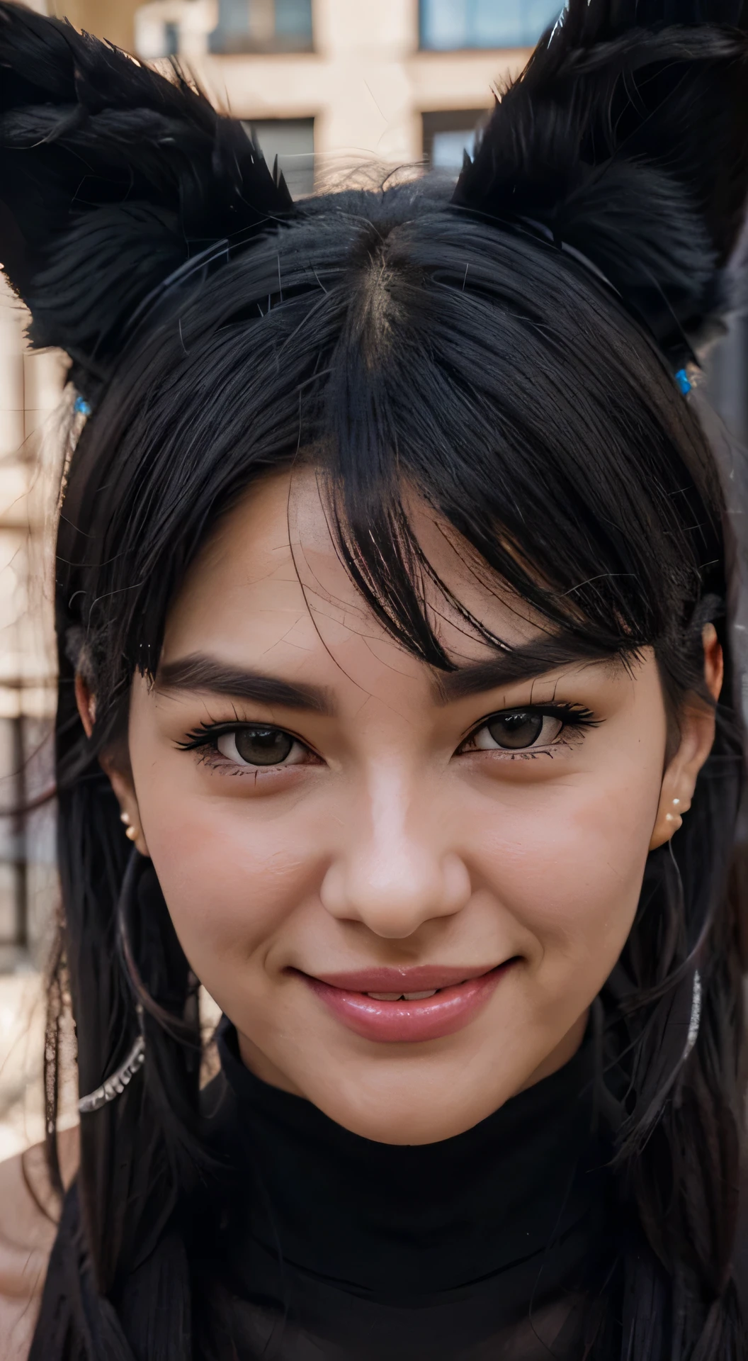 pelo negro, gomas para el pelo, contraerse de dolor, long eyelashes, solid circle eyes, Orejas de animales falsas, sonrisa ligera, rubor de oreja, Colmillo, Surrealismo, tetas grandes, sombra paralela, anaglyph, estereograma, tachi-e, tirar, Atmospheric perspective, 8k, super detail, preciso, Mejor calidad