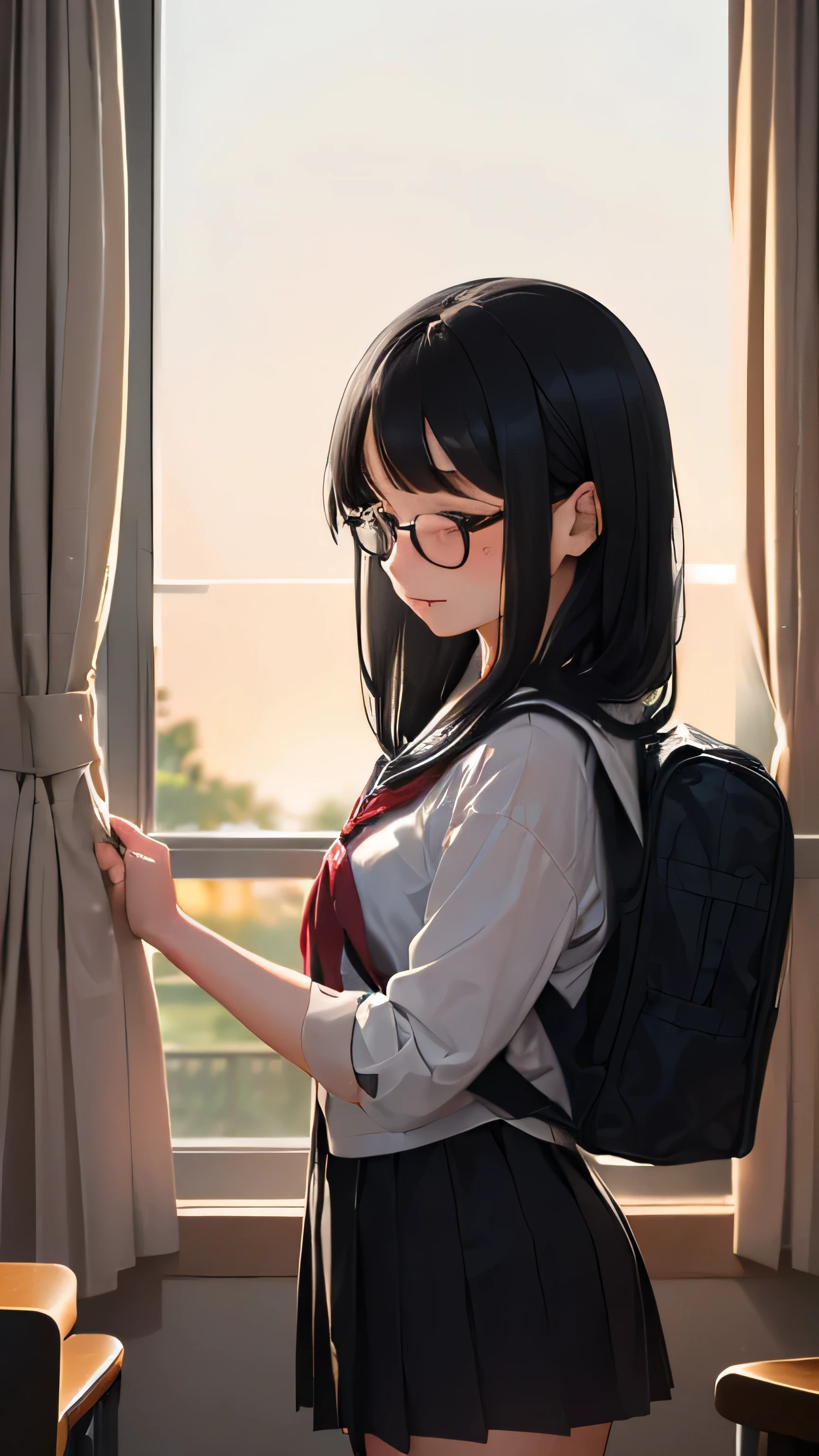 (((1 girl)))、13 years old、Middle school students２grade、sailor suit、black tights、low length、(((((long bangs hide the eyes:1.2)))))、((freckles))、((((long black hair:1.2))))　(((black rim glasses:1.2　black eye)))（(From the side、Upper body、looking here))、classroom、Are standing、Holding a student bag in your hand、((golden hour:1.5、evening:1.5、window、Curtains swaying in the wind、Backlight))、