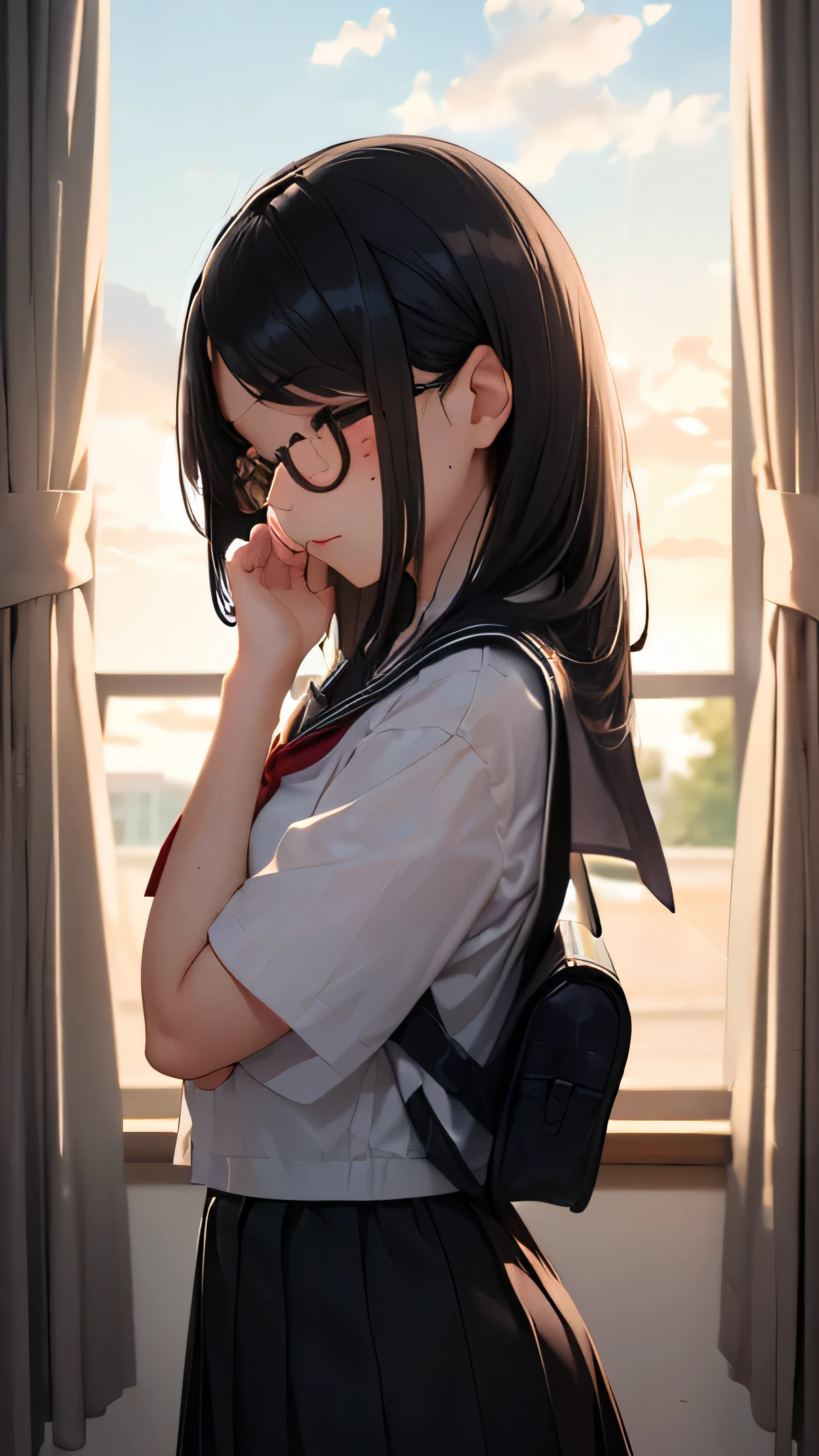 (((1 girl)))、13 years old、Middle school students２grade、sailor suit、black tights、low length、(((((long bangs hide the eyes:1.2)))))、((freckles))、((((long black hair:1.2))))　(((black rim glasses:1.2　black eye)))（(From the side、Upper body、looking here))、classroom、Are standing、Holding a student bag in your hand、((golden hour:1.5、evening:1.5、window、Curtains swaying in the wind、Backlight))、