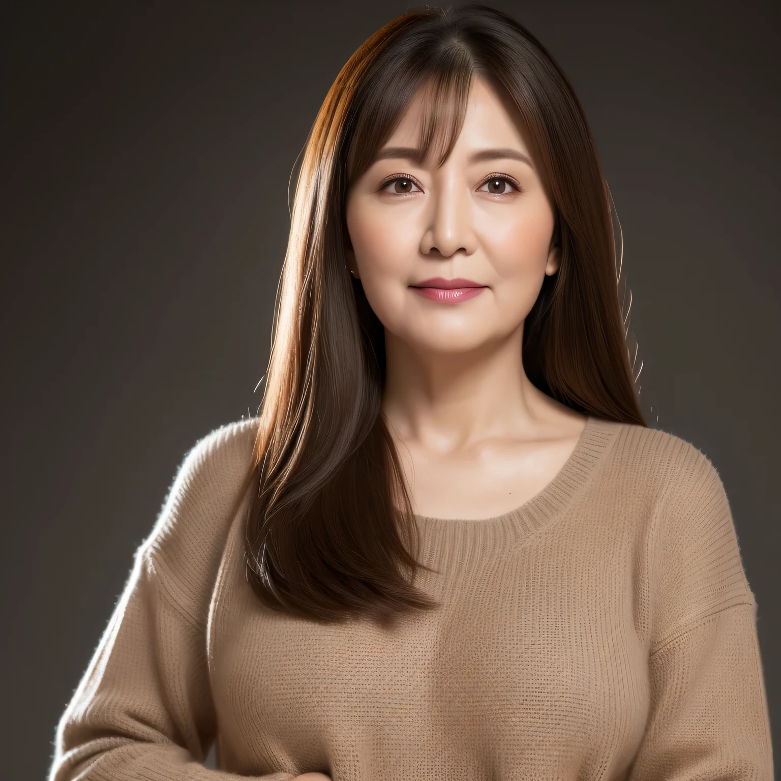 masterpiece, highest quality, masterpiece, High resolution, realistic, Live shooting, 8k wallpaper, perfection, professional lighting, very detailed, written boundary depth,gray background, ((one beautiful woman)), ((90 years old)), women sexy, Chubby body type, facial wrinkles, detailed face, beautiful eyes, bangs, big and full breasts, ((Light brown straight semi-long hair)), faint lips,(((stand upright, facing the center of the screen.))), sweater, skirt, cowboy shot,