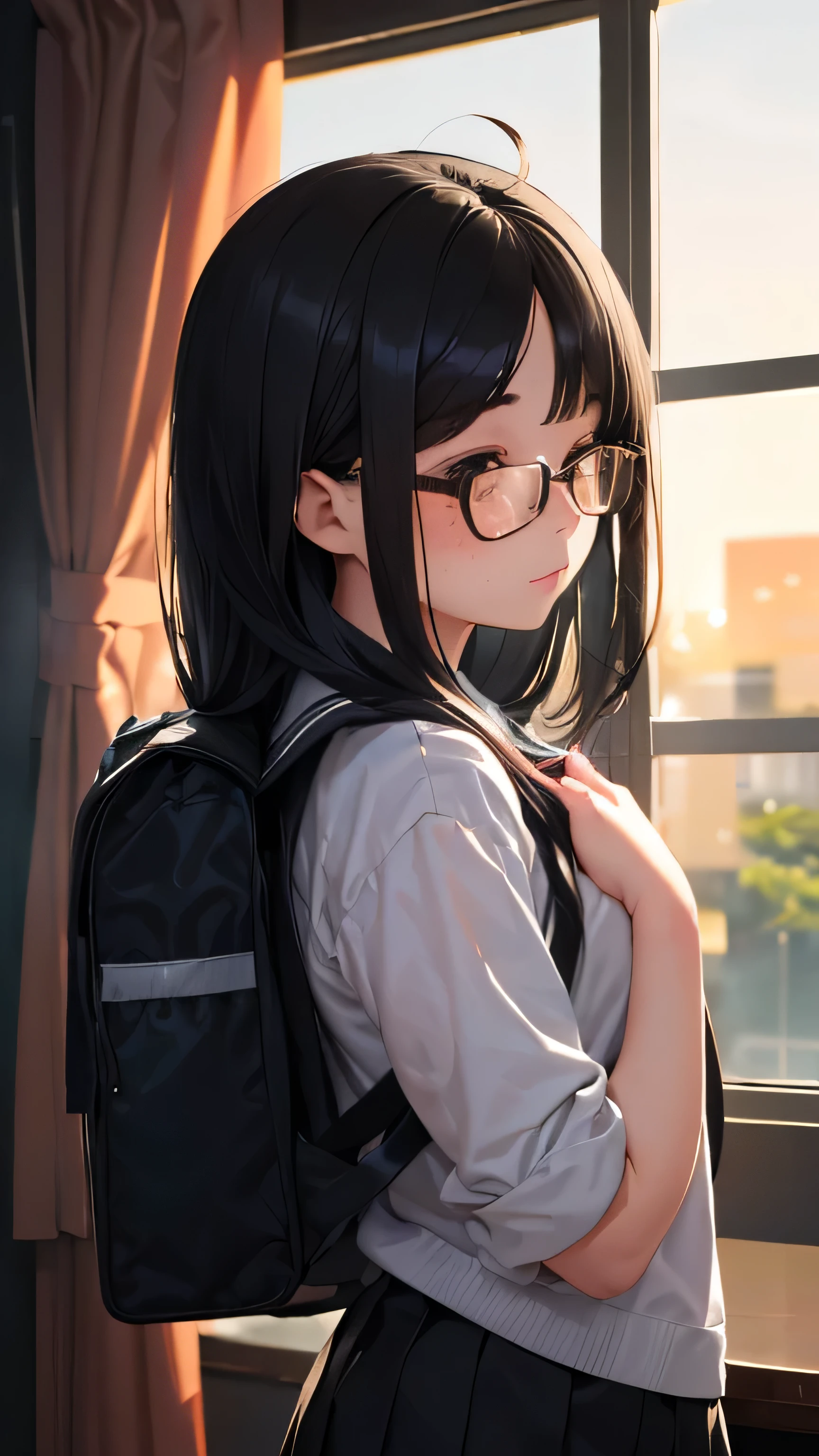 (((1 girl)))、13 years old、Middle school students2grade、sailor suit、black tights、low length、(((((long bangs hide the eyes:1.2)))))、((freckles))、((((long black hair:1.2)))) (((black rim glasses:1.2 black eye)))((From the side、Upper body、looking here))、classroom、Are standing、Holding a student bag in your hand、((golden hour:1.5、evening:1.5、window、Curtains swaying in the wind、Backlight))、