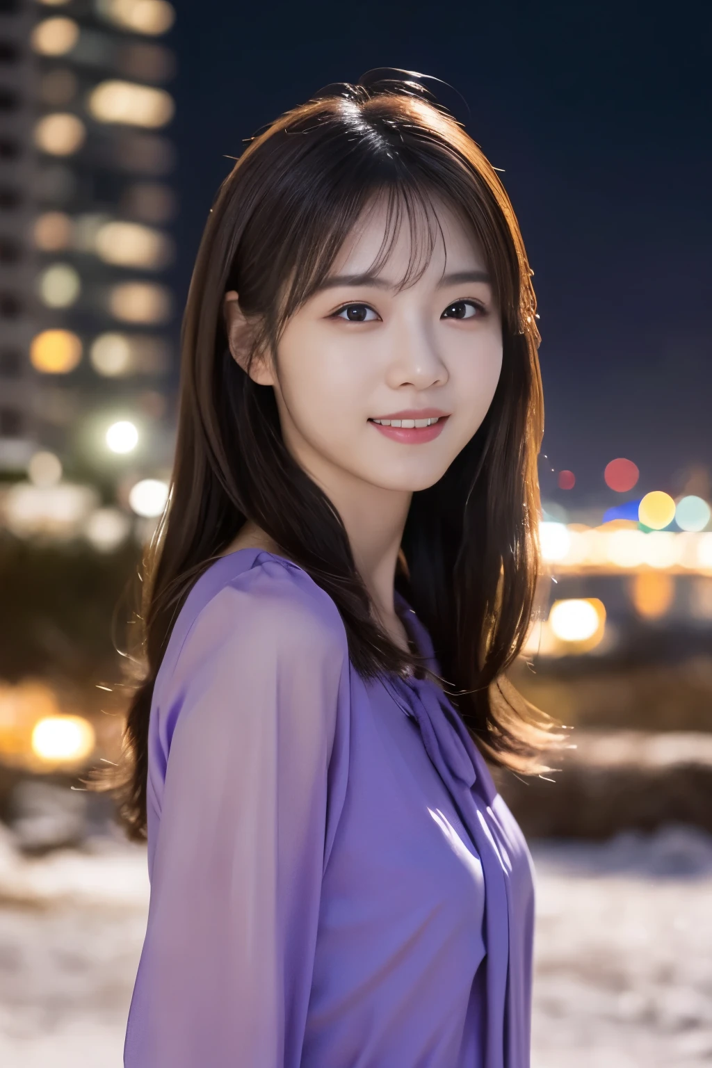 1 girl, (wearing a violet blouse:1.2), beautiful japanese actress,
(RAW photo, highest quality), (realistic, Photoreal:1.4), masterpiece, 
very delicate and beautiful, very detailed, 2k wallpaper, wonderful, 
finely, very detailed CG Unity 8K 壁紙, Super detailed, High resolution, 
soft light, beautiful detailed girl, very detailed目と顔, beautifully detailed nose, beautiful and detailed eyes, cinematic lighting, 
break
(Against the backdrop of a snowy night cityscape 1.3), city lights, 
perfect anatomy, slender body, smile, Face the front completely, look at the camera