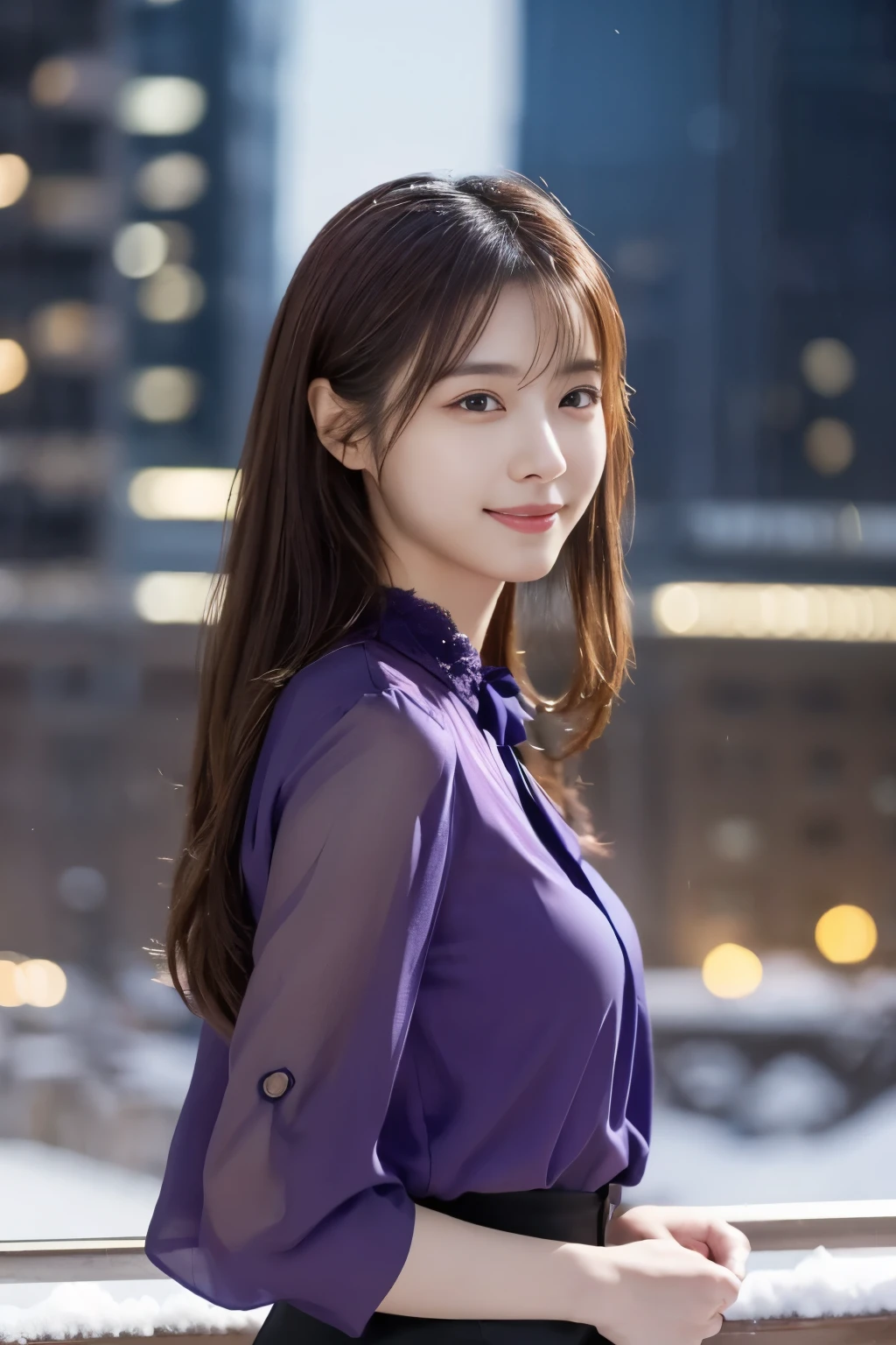 1 girl, (wearing a violet blouse:1.2), beautiful japanese actress,
(RAW photo, highest quality), (realistic, Photoreal:1.4), masterpiece,
very delicate and beautiful, very detailed, 2k wallpaper, wonderful,
finely, very detailed CG Unity 8K 壁紙, Super detailed, High resolution,
soft light, beautiful detailed girl, very detailed目と顔, beautifully detailed nose, beautiful and detailed eyes, cinematic lighting,
break
(Against the backdrop of a snowy night cityscape 1.3), city lights,
perfect anatomy, slender body, smile, Face the front completely, look at the camera