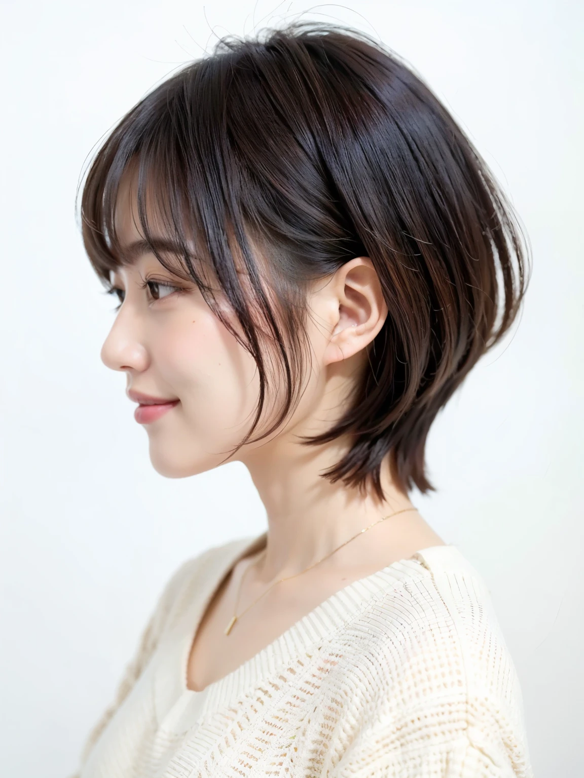 table top、highest quality、figure、 super detailed、High resolution、8K wallpaper beautiful detailed eyeedium hair、natural color lip、smile、Harajuku、30-year-old girl、cute、No chest、white wall、Taken in front of the white door、(窓のあるwhite wallの部屋)、Versatile poses、break (Ombre:1.3) 、simple necklace、Spring clothes、pastel long sleeve dress、(Beautiful profile:1.3)、Don't look at the camera、profile、shortcut、short hair