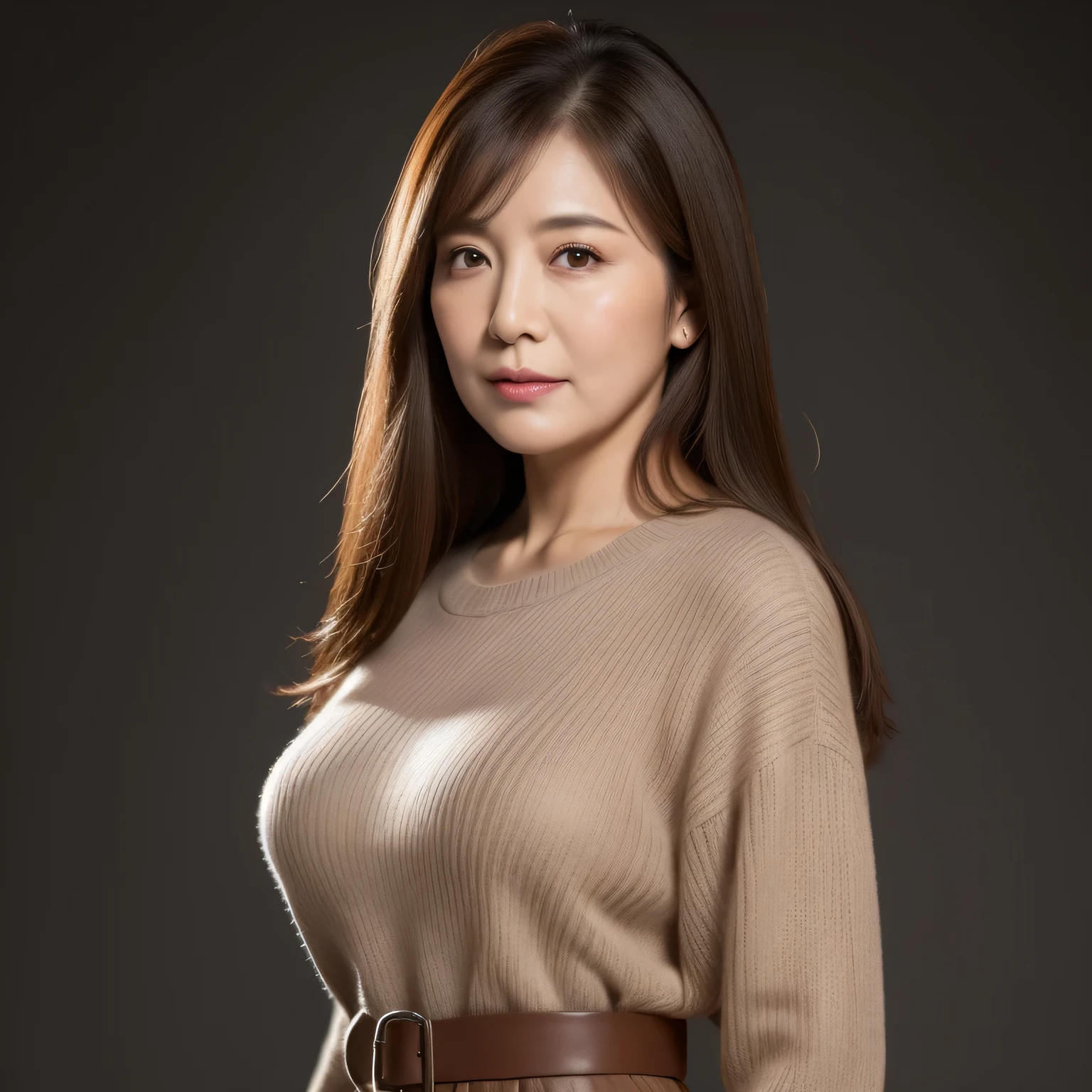 masterpiece, highest quality, masterpiece, High resolution, realistic, Live shooting, 8k wallpaper, perfection, professional lighting, very detailed, written boundary depth,gray background, ((one beautiful woman)), ((90 years old)), women sexy, Chubby body type, facial wrinkles, detailed face, beautiful eyes, bangs, big and full breasts, ((Light brown straight semi-long hair)), faint lips,(((stand upright, facing the center of the screen.))), sweater, skirt, cowboy shot, 		
