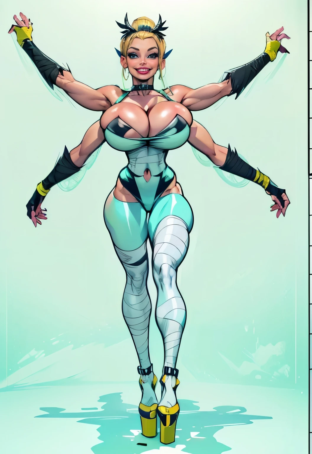 (((Character turn around sheet))), (masterpiece, top quality, best quality, official art, beautiful and aesthetic:1.2), (1girl:1.3), (Tinkerbell), (Disney), blonde hair, extremely detailed, long hair, hair straight down, hair combed to side, detailed hair, portrait, ((navel cutout)), (slendered abs:1.4), bravel, fairy from Peter Pan, (Aletta ocean face), (wings protrude from back back muscles), looking at viewer, solo, (full body:0.6), detailed background, close up, blue eyes, (cool castle theme:1.1), (((white skin, fairy wings, shiny skin, (bandaged hand gloves, bandaged fingers), fairy woman, spread out fairy wings, charlatan, sinister smirk, mysterious, shapeshifting in a castle, revealing tube dress, long lime green heels, long boots, buckles, straps, pouches, collar, sleeveless, lime green latex, ((((breasts, cleavage, skindentation)))), slim waist, slim hips, long legs, fantasy (castle interior:1.1) background, dark mysterious lighting, shadows, magical atmosphere, dutch angle
