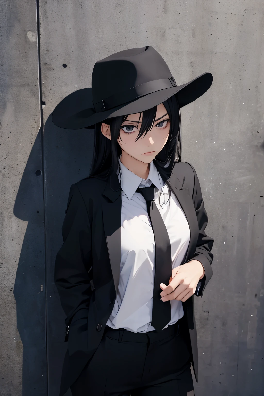Anime Girl, 19 years old, Black Hair, Black Eyes, Black Fedora, Black Suit with a Black Tie, Black Pants, Black Shoes, Shady Office Background, Serious Expression, Intimidating, Cold, Stern, Close-up Portrait, Leaning to a Wall