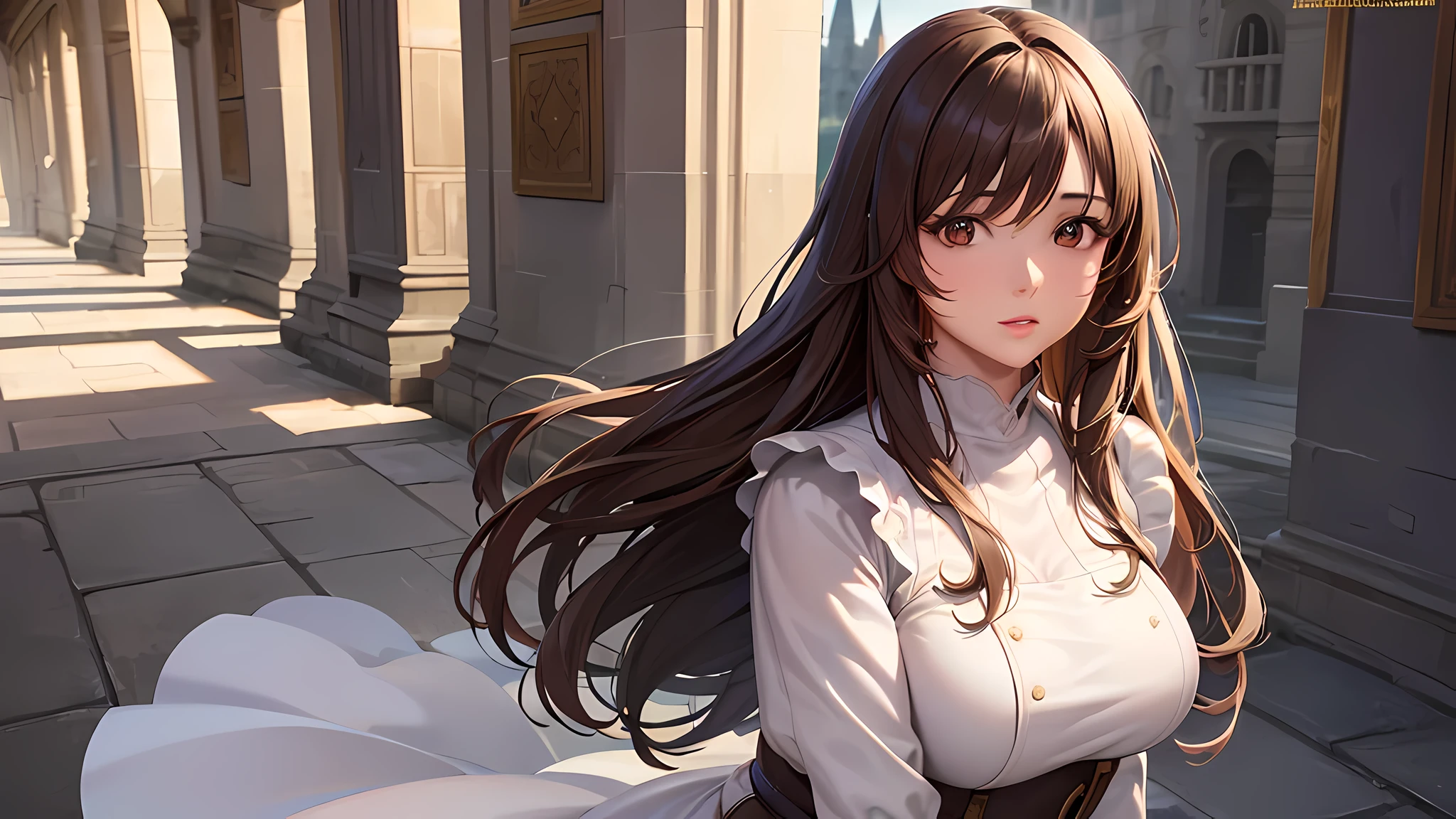 best quality, highres, realistic, real person, A woman walking in castle hallway, beautiful girl, thick brown hair, brown eyes, plump lips, face detailed, Clear facial expressions,Detailed digital anime art,digital anime art,High quality anime art style,medieval times, wearing white gown, thinking, calm face, highly detailed face