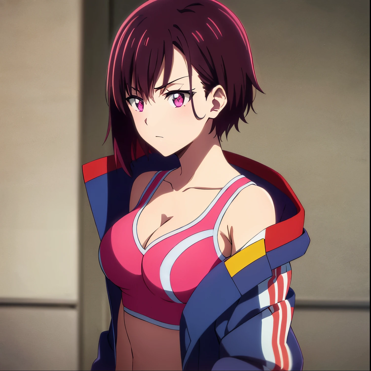 1girl, alone, Shizuka mikazuki,masutepiece, Best Quality, High resolution, Ultra High Resolution, depth of fields, Short hair, Brown hair, Pink eyes, hair pin, Long sleeves, cleavage, Big Tits, 鎖骨, Jacket, Jacket Off, Jacket open, Blue jacket, Sports Bra pink,dark pink eyes, short dark brown hair, medium breasts, medium waist, wide hips, medium thighs, cleavage, excellent anatomy, excellent hands