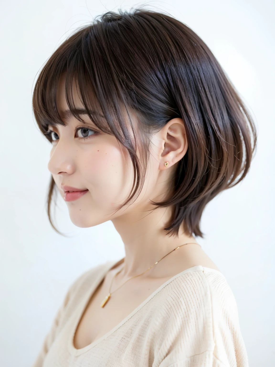 table top、highest quality、figure、 super detailed、High resolution、8K wallpaper beautiful detailed eyeedium hair、natural color lip、smile、Harajuku、30-year-old girl、cute、No chest、white wall、Taken in front of the white door、(窓のあるwhite wallの部屋)、Versatile poses、break (Ombre:1.3) 、simple necklace、Spring clothes、Black long sleeve dress、(Beautiful profile:1.3)、Don't look at the camera、profile、shortcut、short hair