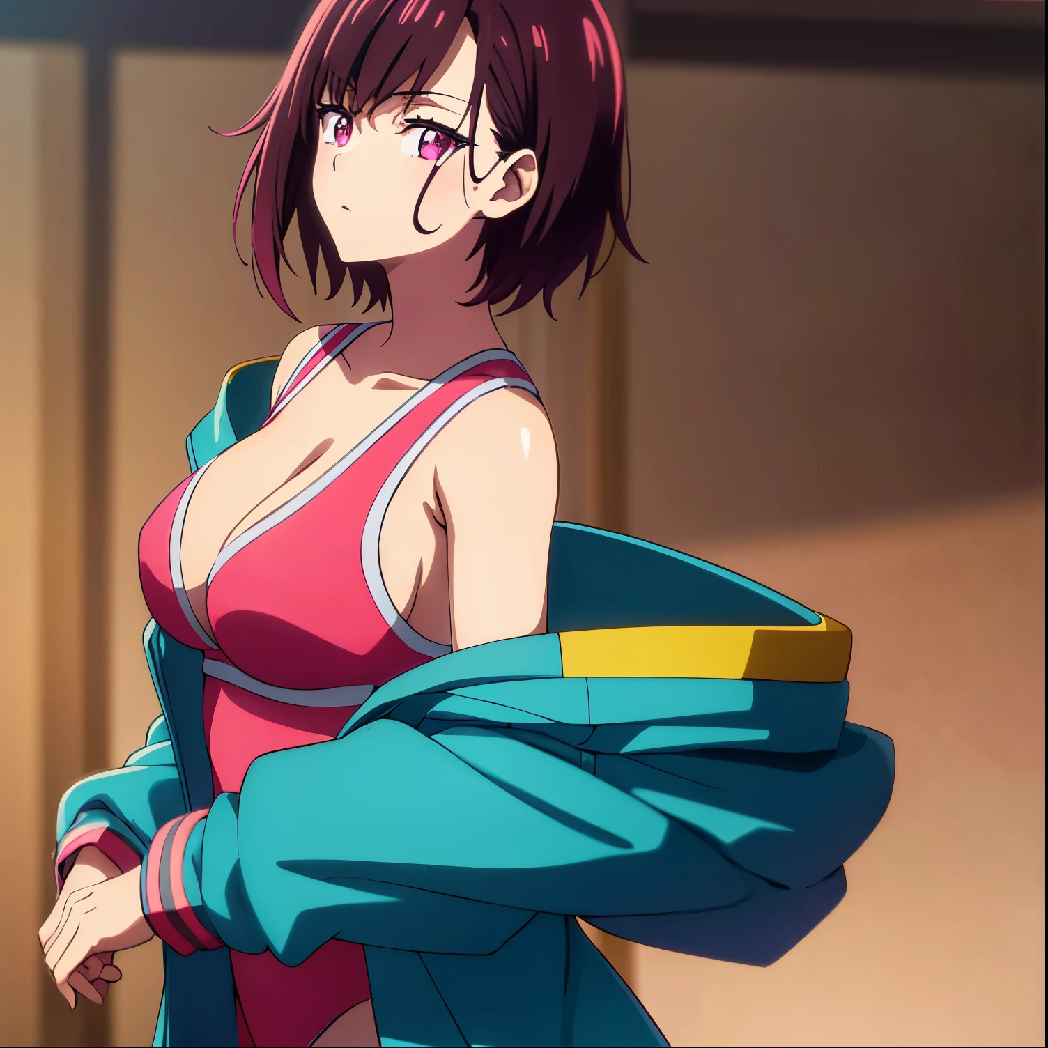 1girl, alone, Shizuka mikazuki,masutepiece, Best Quality, High resolution, Ultra High Resolution, depth of fields, Short hair, Brown hair, Pink eyes, hair pin, Long sleeves, cleavage, Big Tits, 鎖骨, Jacket, Jacket Off, Jacket open, Blue jacket, Sports Bra pink,dark pink eyes, short dark brown hair, medium breasts, medium waist, wide hips, medium thighs, cleavage, excellent anatomy, excellent hands