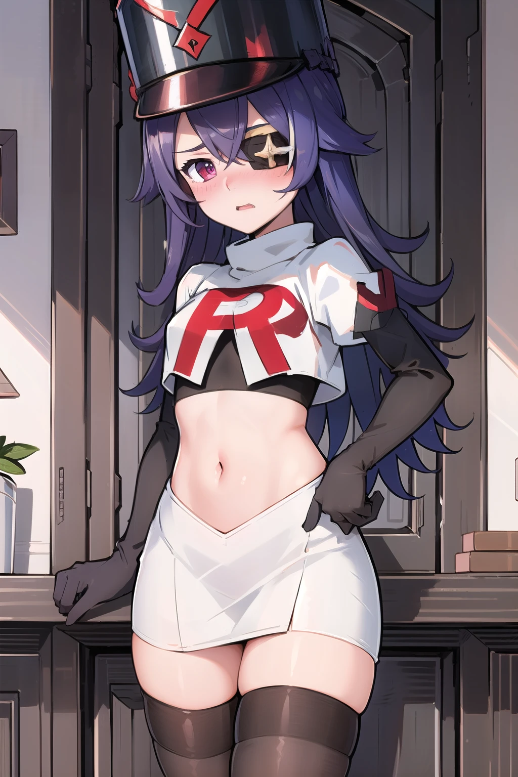 ((masterpiece,best quality)), 1girl, chevreuse, shako cap, eyepatch, blush, team rocket,team rocket uniform,white skirt,red letter R,crop top,black thigh-highs,black elbow gloves, embarrassed, blush