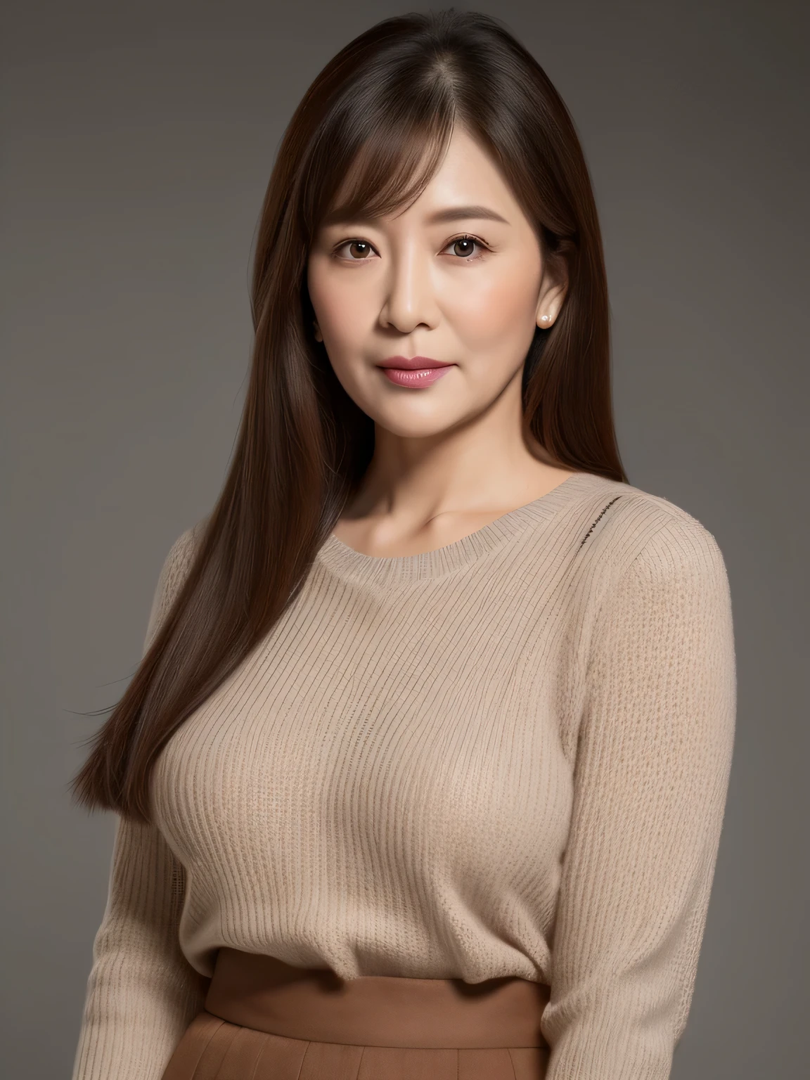 masterpiece, highest quality, masterpiece, High resolution, realistic, Live shooting, 8k wallpaper, perfection, professional lighting, very detailed, written boundary depth,gray background, ((one beautiful woman)), ((90 years old)), women sexy, Chubby body type, facial wrinkles, detailed face, beautiful eyes, bangs, big and full breasts, ((Light brown straight semi-long hair)), faint lips,(((stand upright, facing the center of the screen.))), sweater, skirt, cowboy shot,